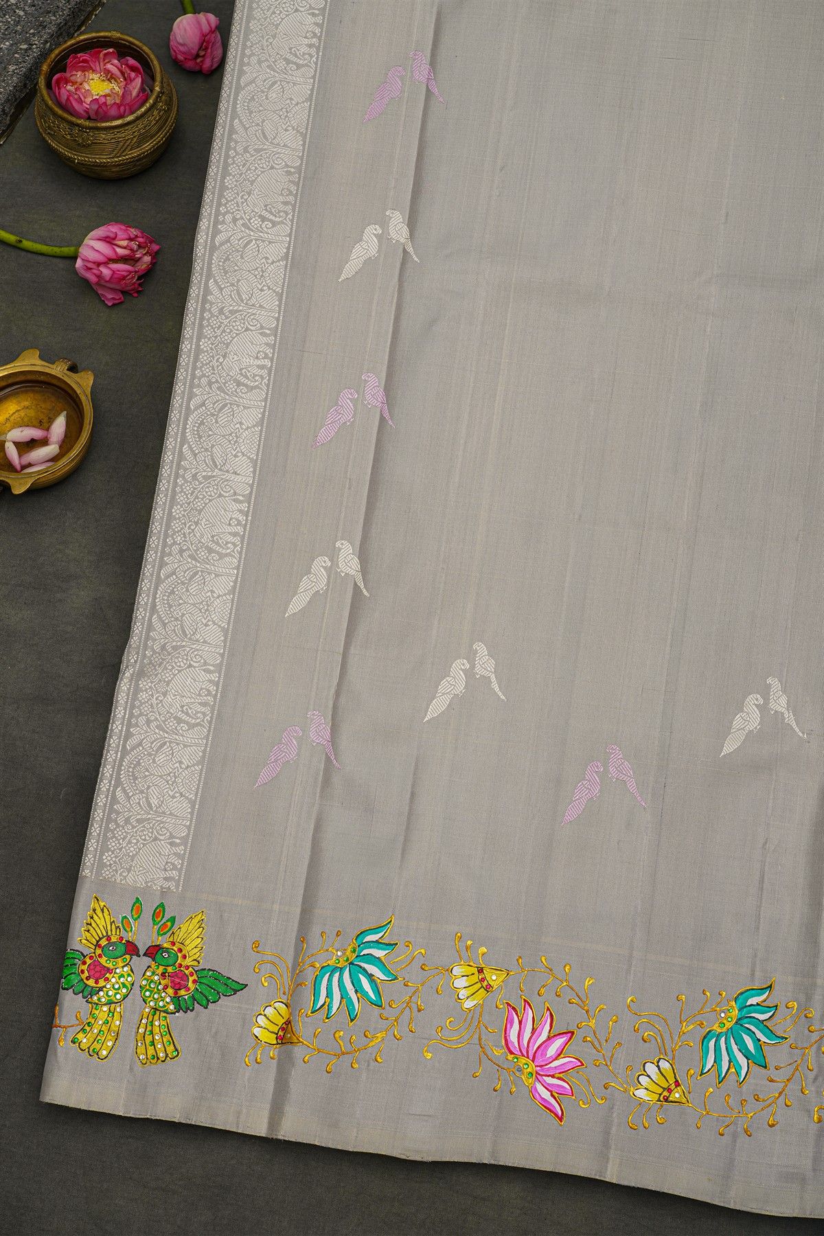 Gadwal Silk Off White Saree With Tanjore Hand-Painted Border