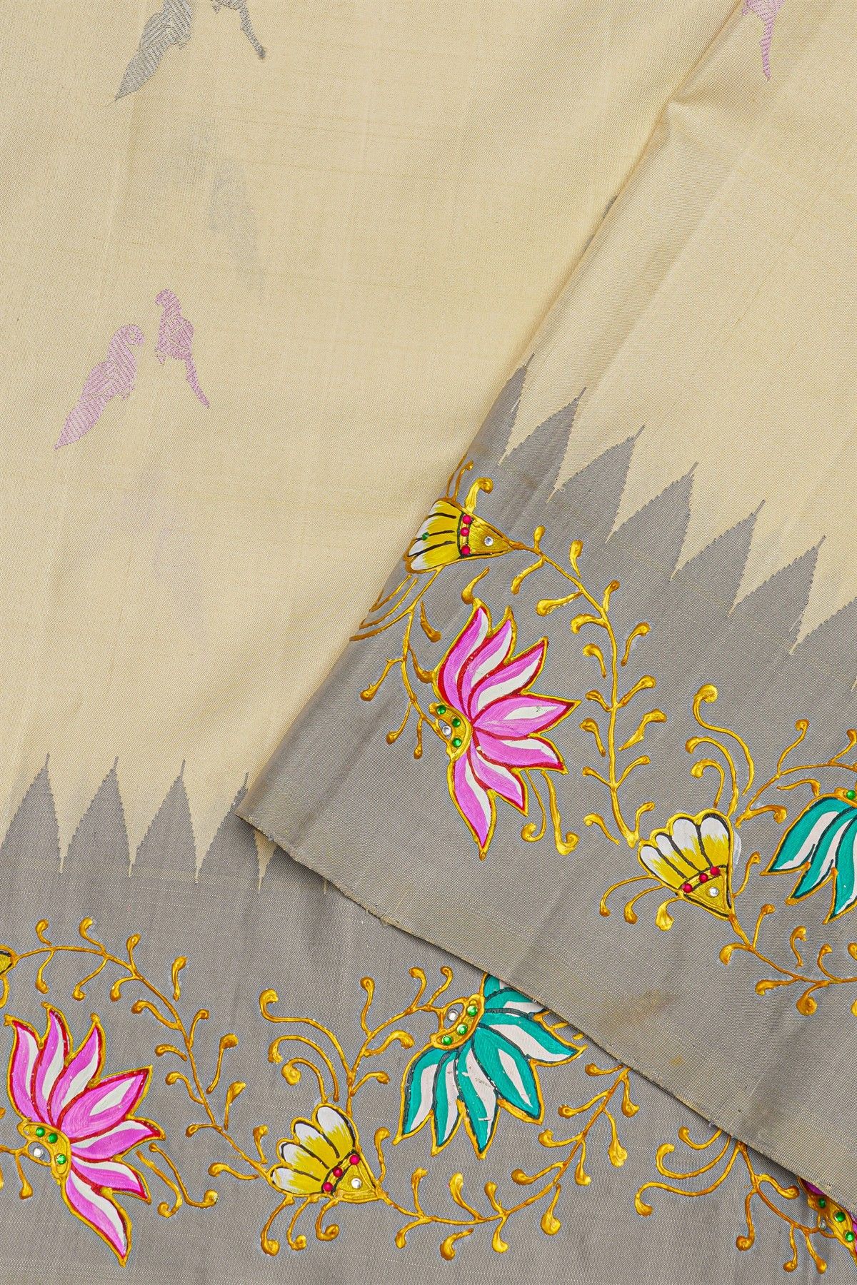 Gadwal Silk Off White Saree With Tanjore Hand-Painted Border