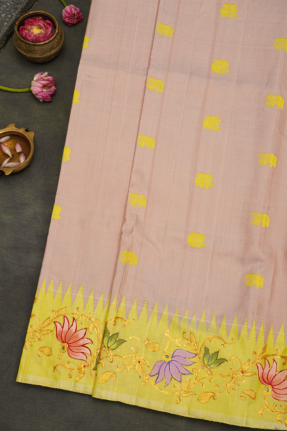 Gadwal Silk Baby Pink Saree With Tanjore Hand-Painted Border