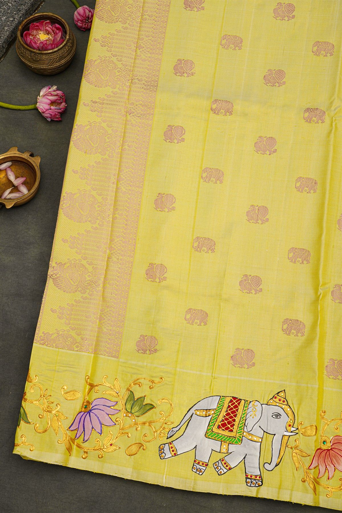 Gadwal Silk Baby Pink Saree With Tanjore Hand-Painted Border