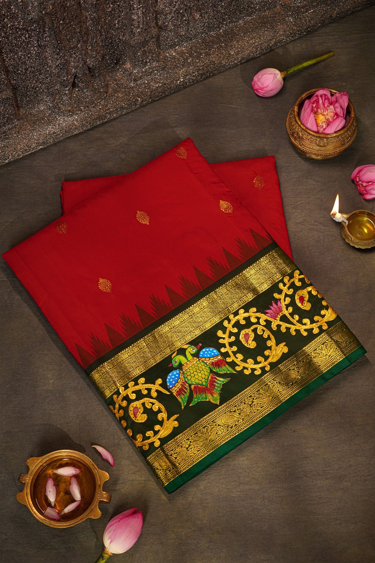 Gadwal Silk Red Saree With Tanjore Hand-Painted Border