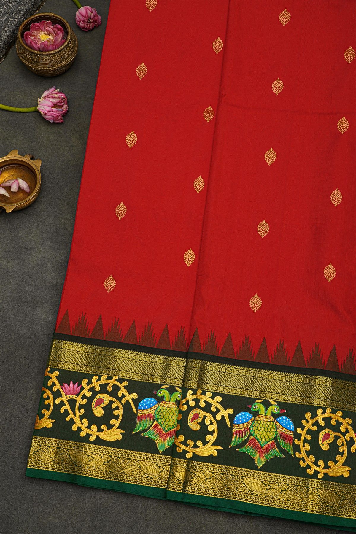 Gadwal Silk Red Saree With Tanjore Hand-Painted Border
