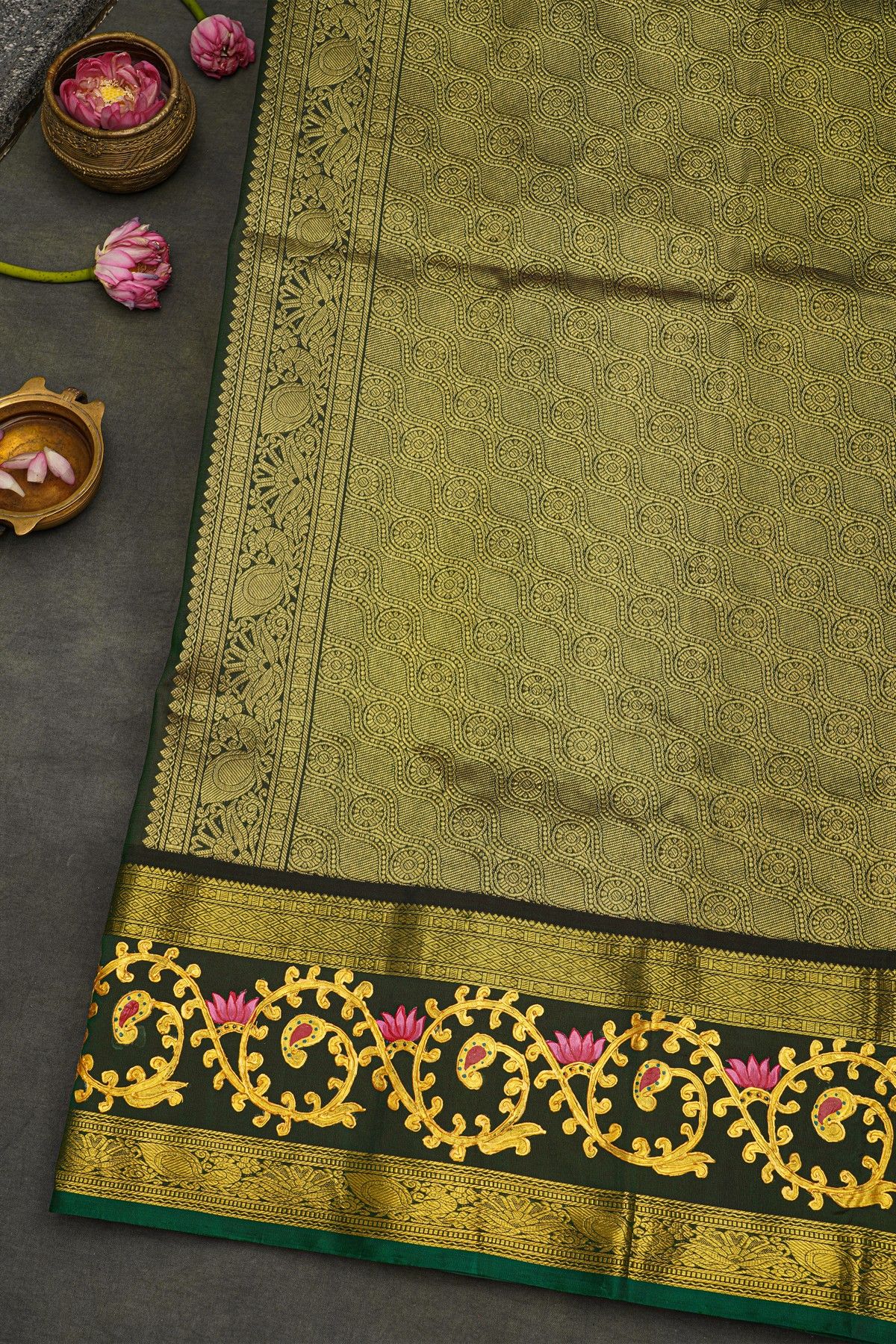 Gadwal Silk Red Saree With Tanjore Hand-Painted Border