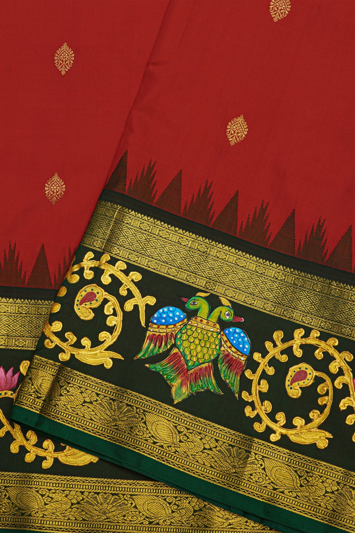 Gadwal Silk Red Saree With Tanjore Hand-Painted Border