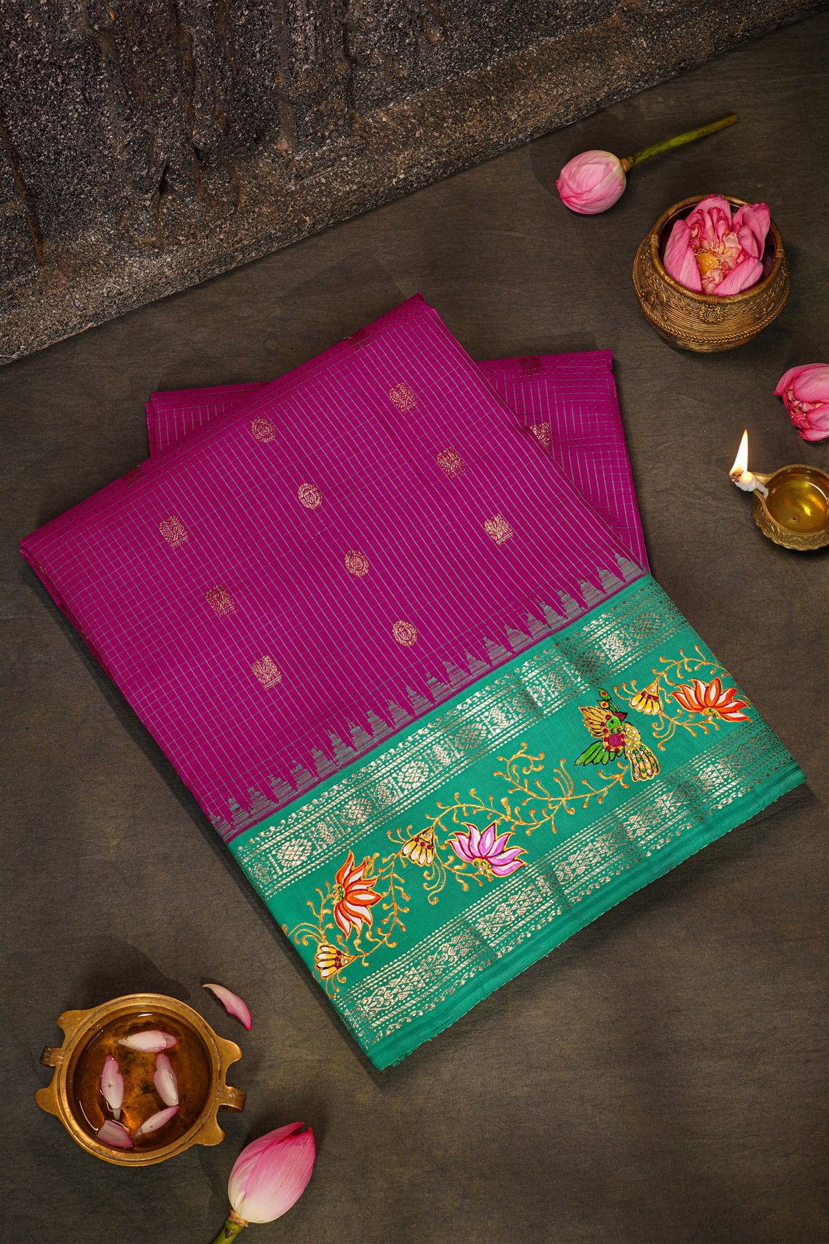 Gadwal Silk Purple Saree With Tanjore Hand Painted Border
