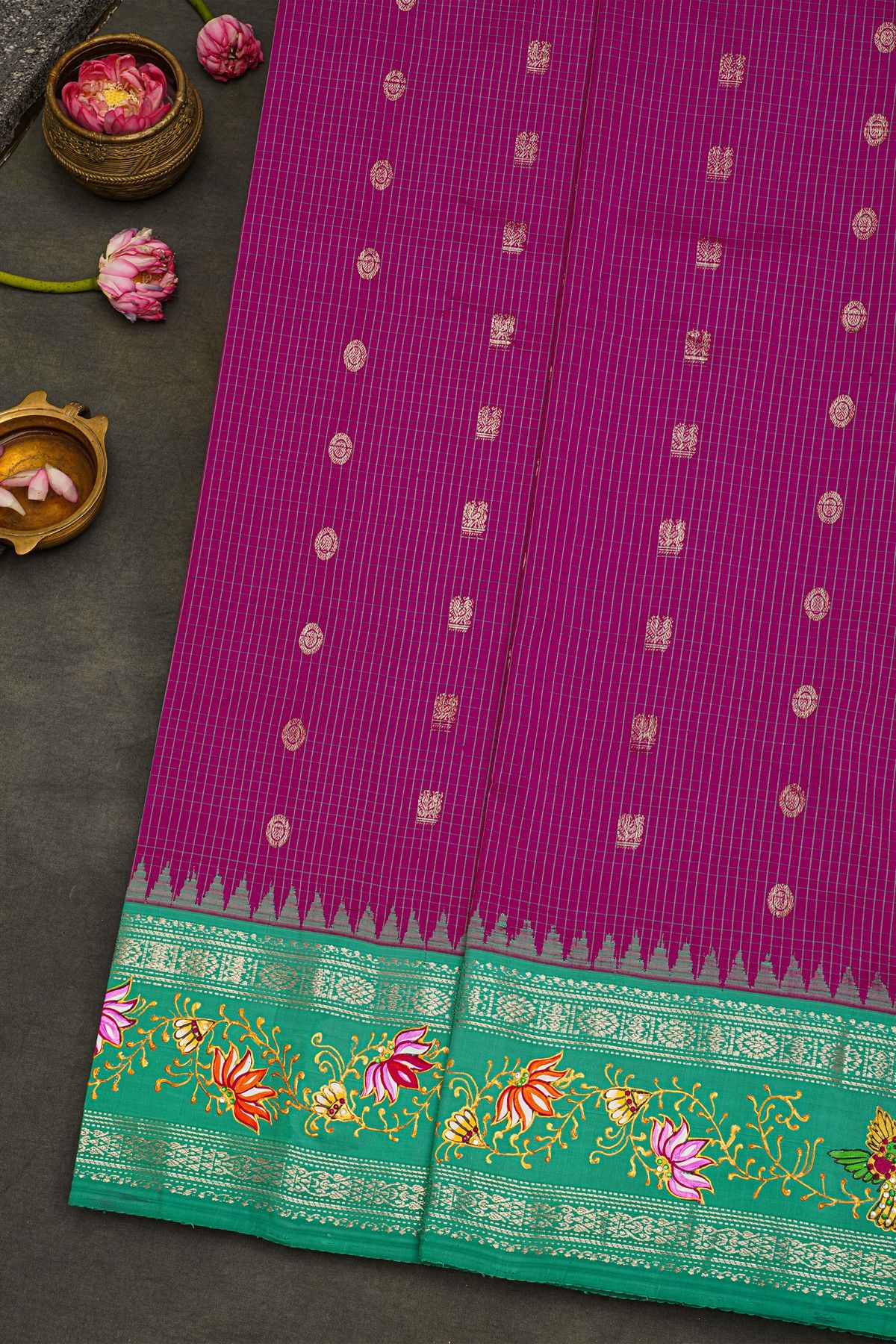 Gadwal Silk Purple Saree With Tanjore Hand Painted Border