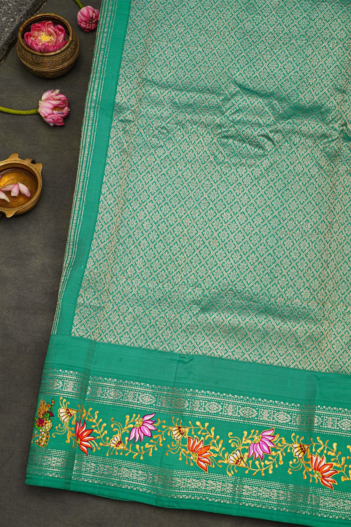 Gadwal Silk Purple Saree With Tanjore Hand Painted Border
