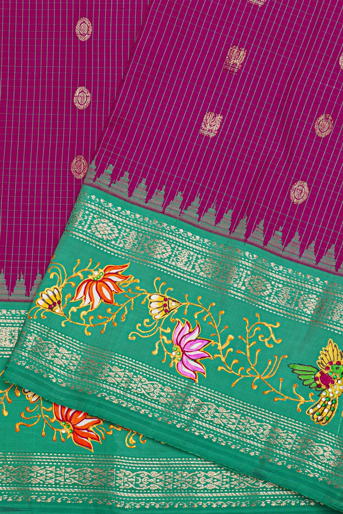 Gadwal Silk Purple Saree With Tanjore Hand Painted Border