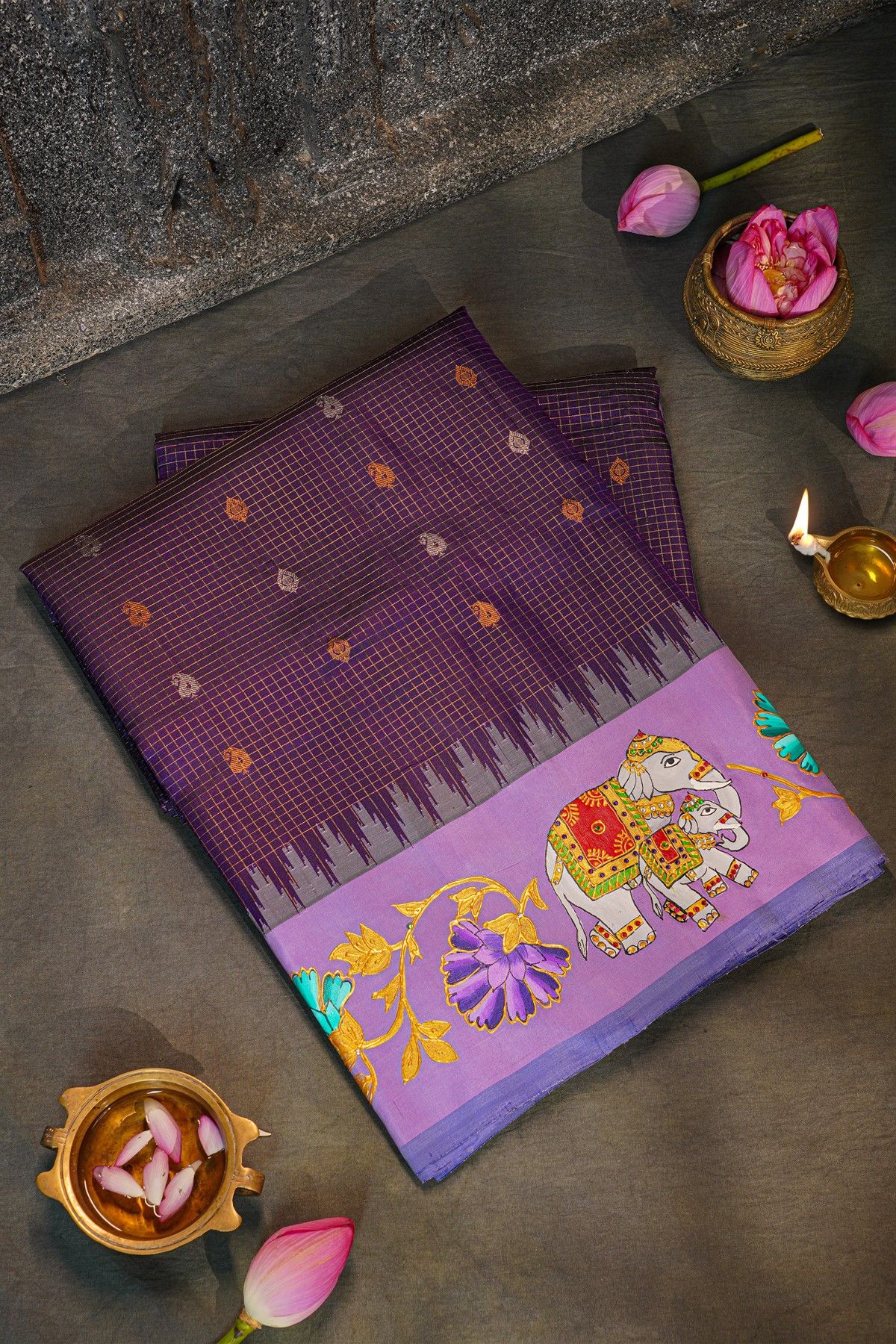 Gadwal Silk Violet Saree With Tanjore Hand Painted Border