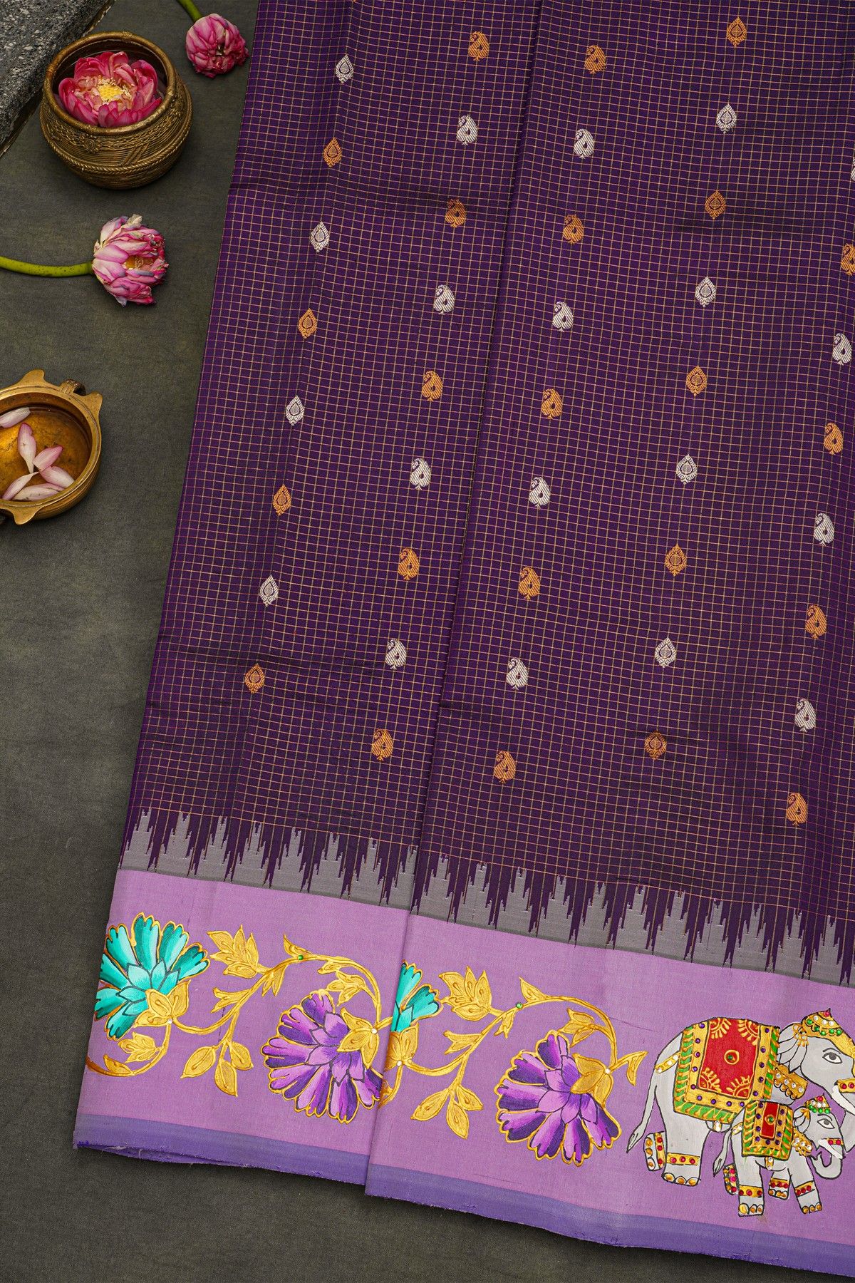 Gadwal Silk Violet Saree With Tanjore Hand Painted Border