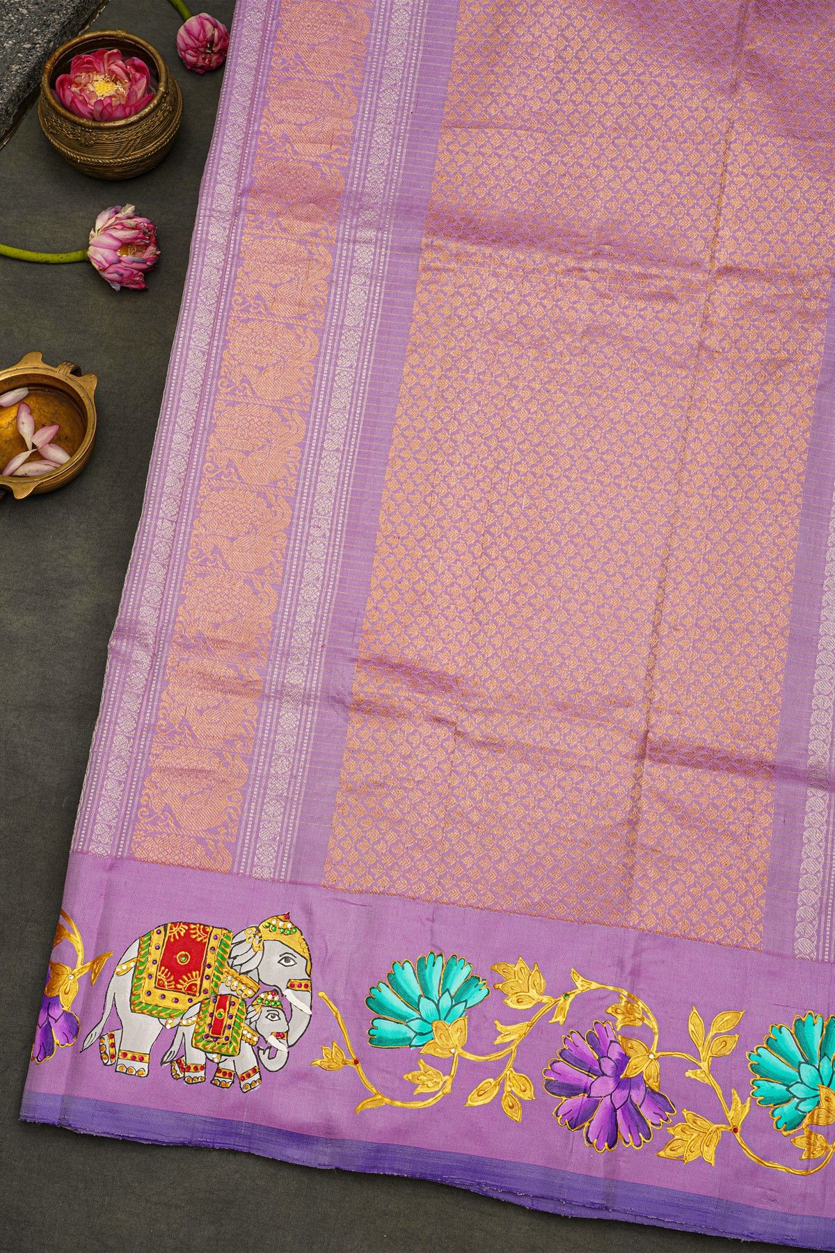 Gadwal Silk Violet Saree With Tanjore Hand Painted Border