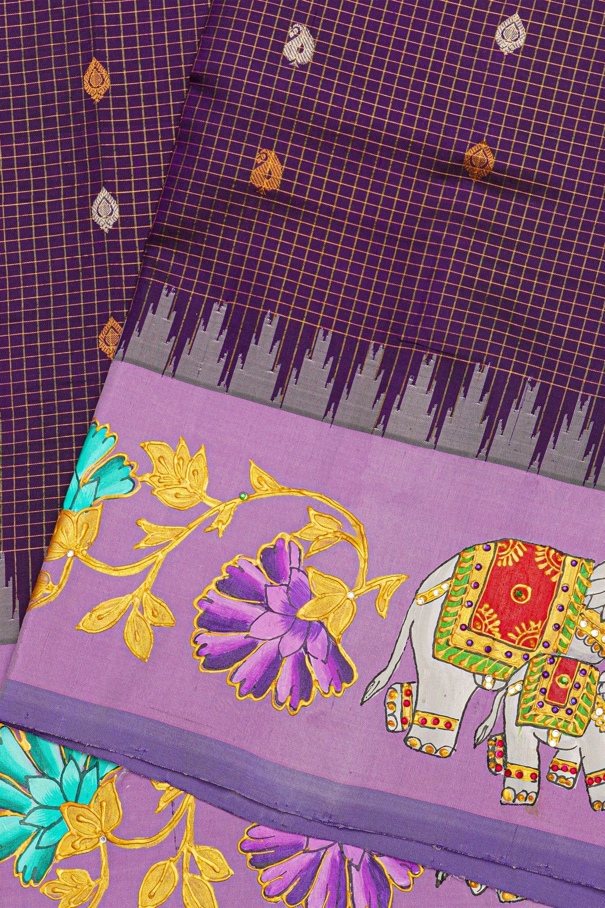 Gadwal Silk Violet Saree With Tanjore Hand Painted Border