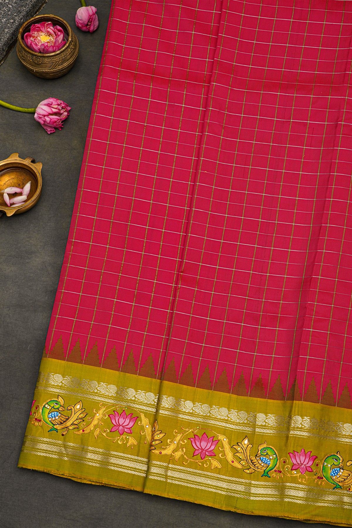 Gadwal Silk Pink Saree With Tanjore Hand Painted Border