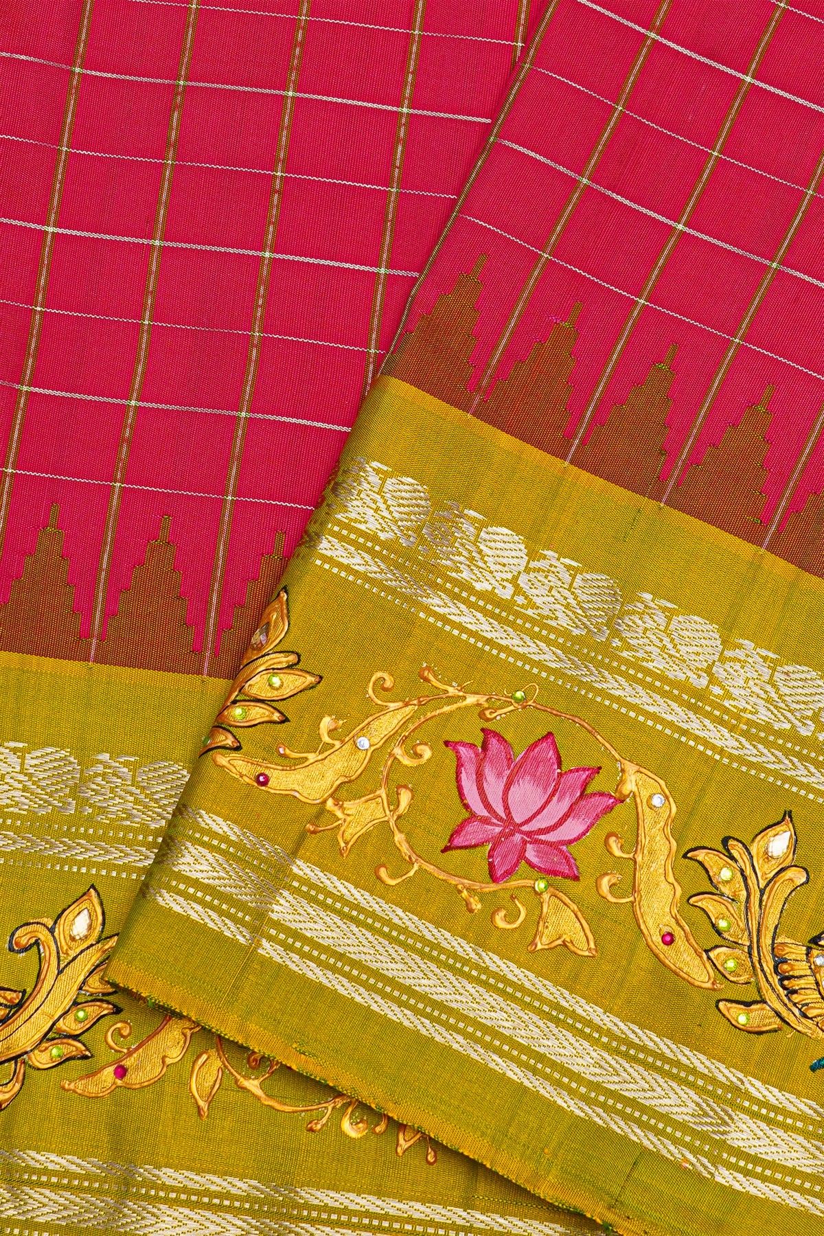 Gadwal Silk Pink Saree With Tanjore Hand Painted Border