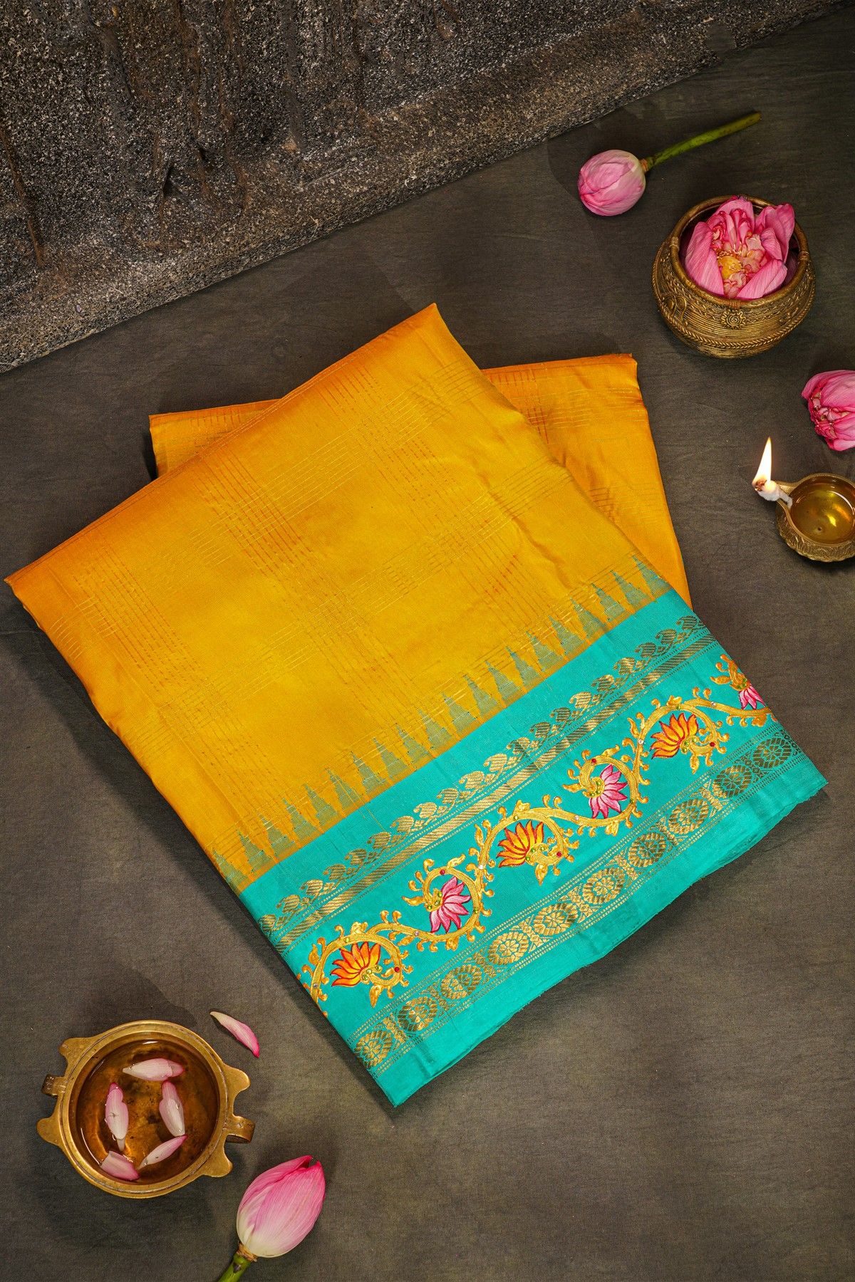 Gadwal Silk Yellow Saree With Checks Body And Contrast Tanjore Hand Printed Border