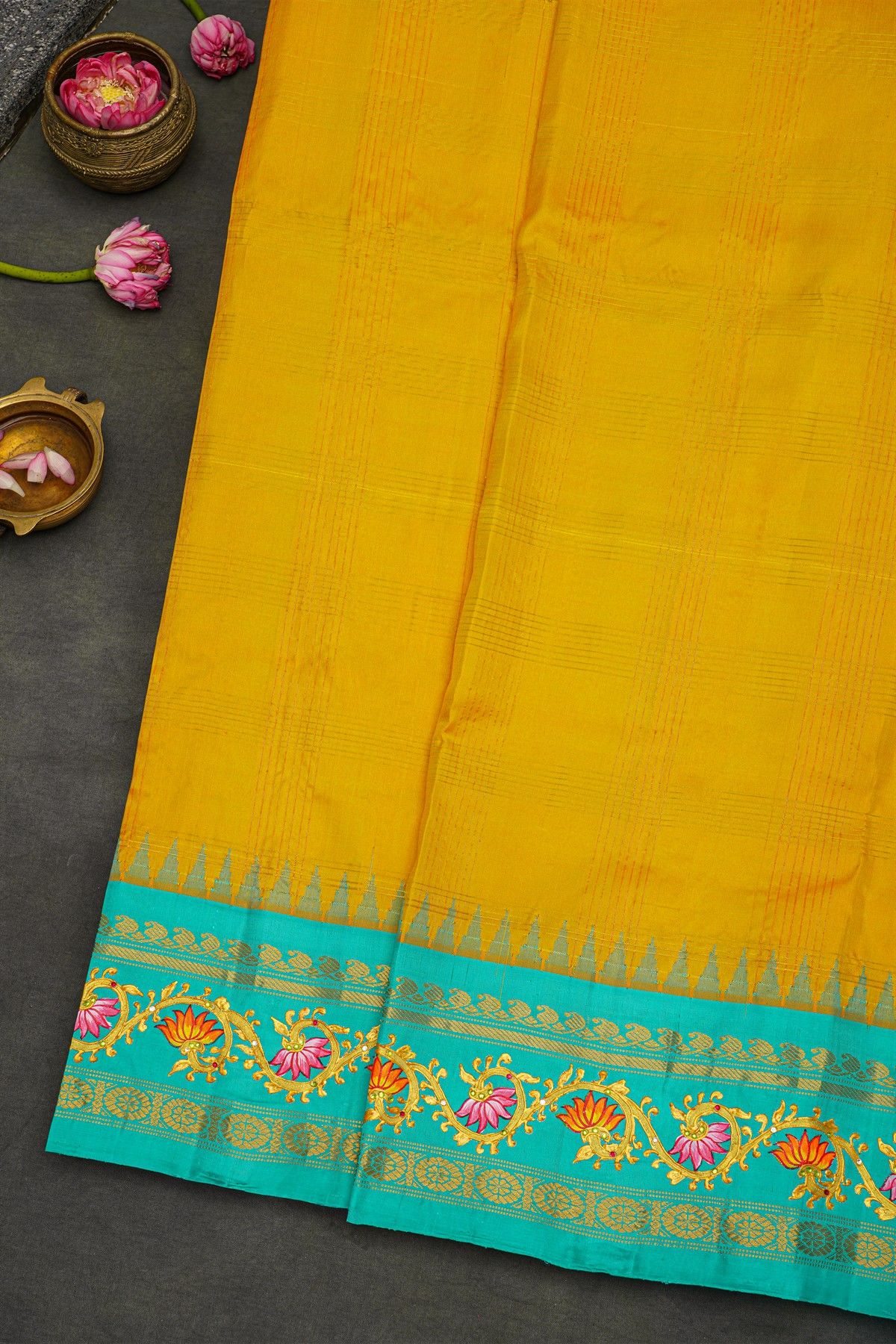 Gadwal Silk Yellow Saree With Checks Body And Contrast Tanjore Hand Printed Border