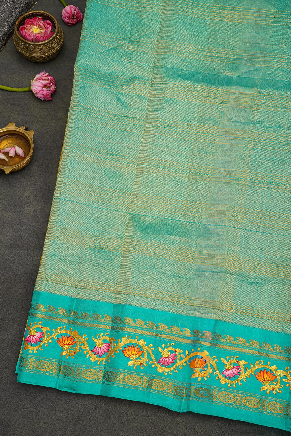 Gadwal Silk Yellow Saree With Checks Body And Contrast Tanjore Hand Printed Border