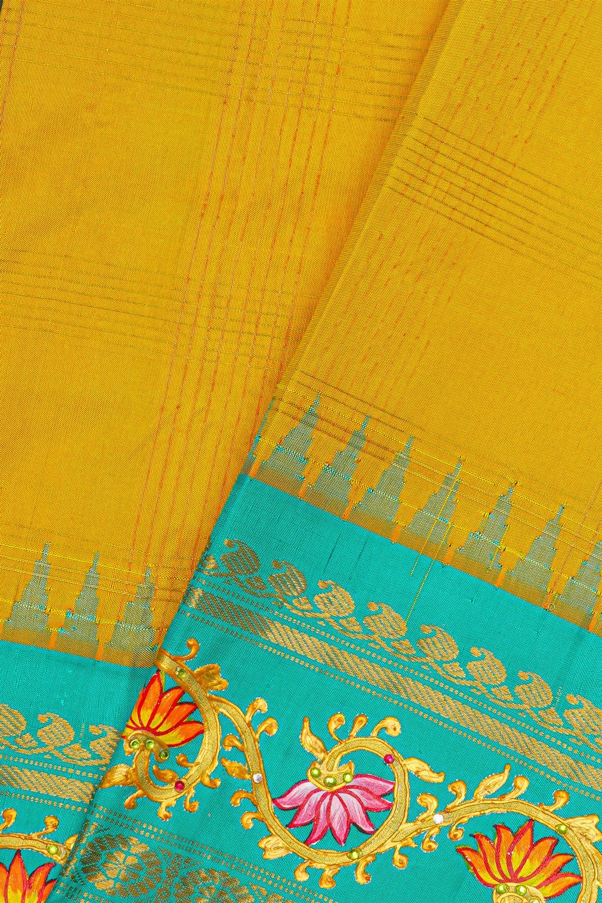 Gadwal Silk Yellow Saree With Checks Body And Contrast Tanjore Hand Printed Border