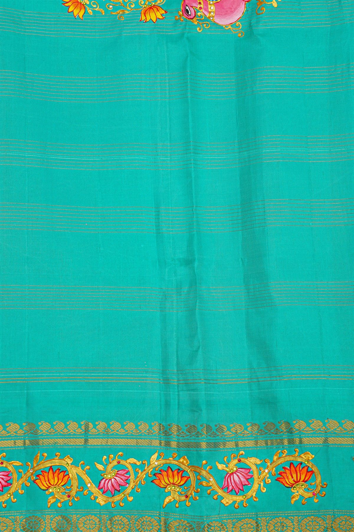 Gadwal Silk Yellow Saree With Checks Body And Contrast Tanjore Hand Printed Border