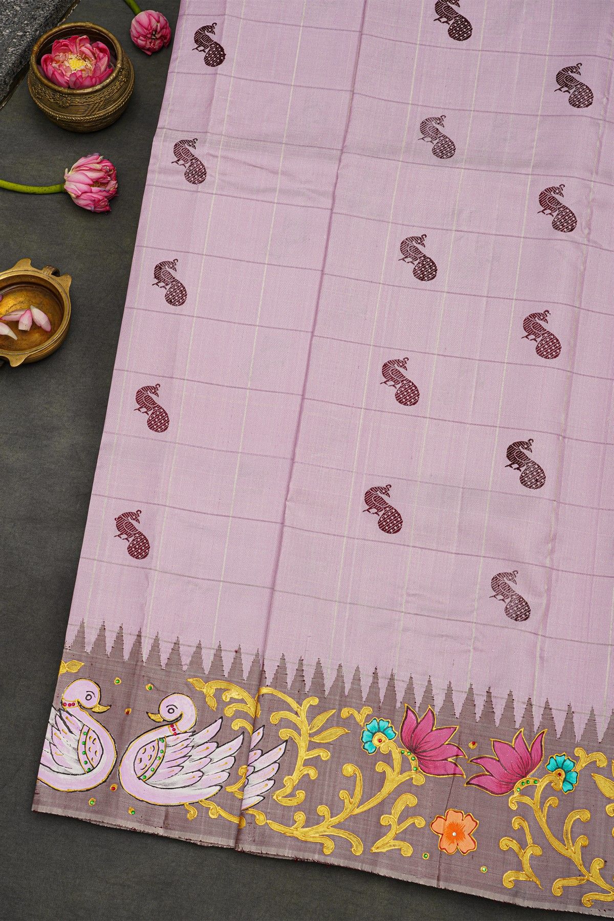 Gadwal Silk Dusty Pink Saree With Tanjore Hand Painted Border