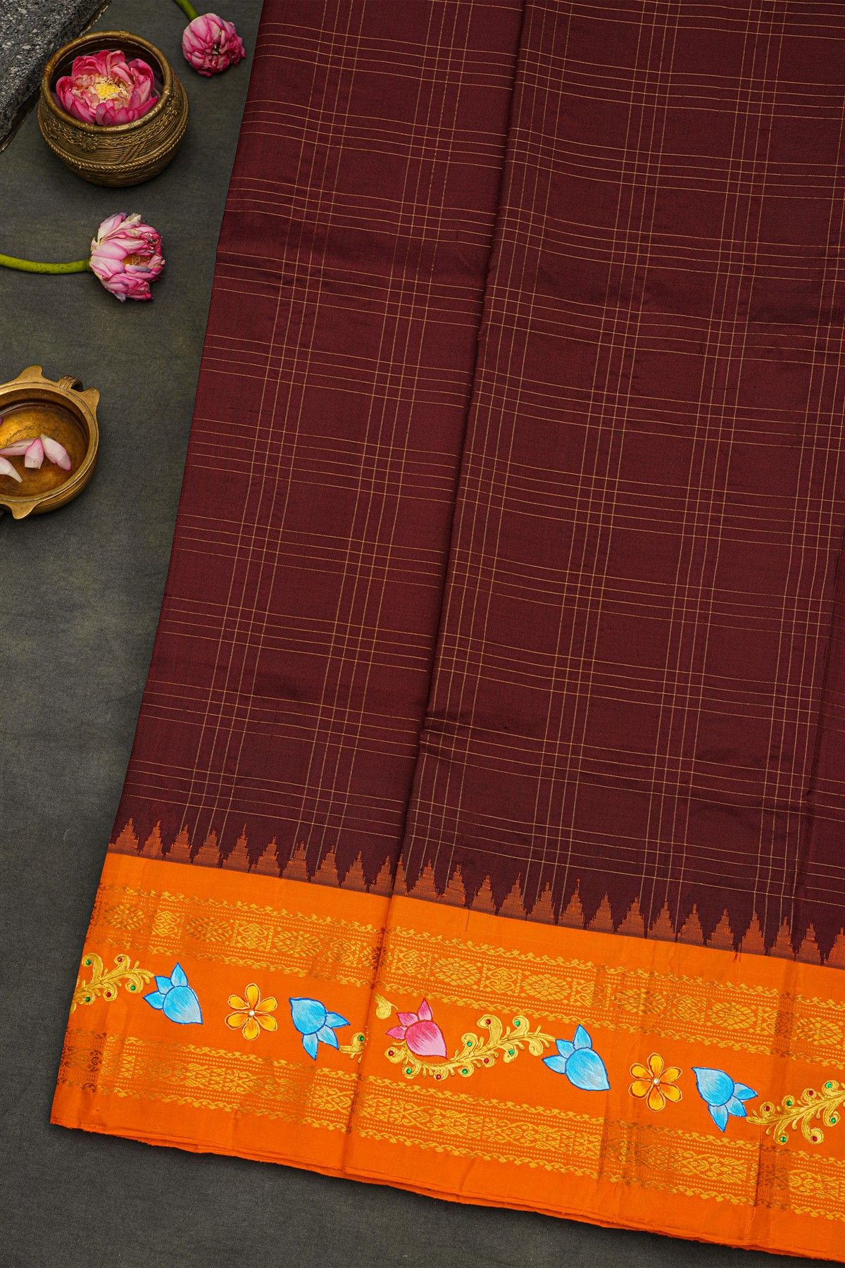 Gadwal Silk Brown Saree With Tanjore Hand Painted Border