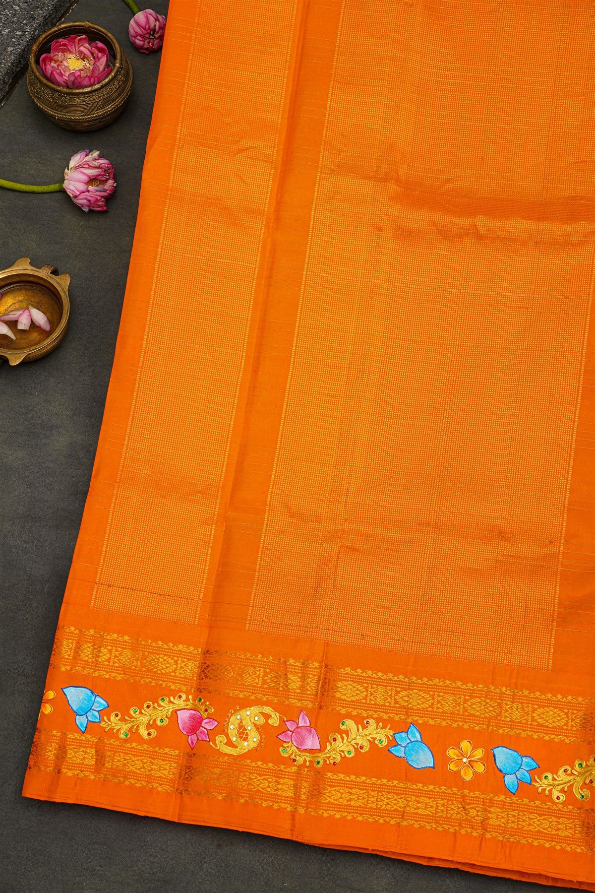 Gadwal Silk Brown Saree With Tanjore Hand Painted Border