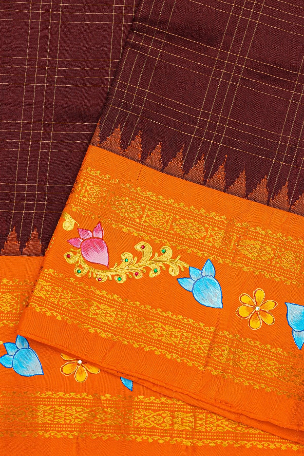 Gadwal Silk Brown Saree With Tanjore Hand Painted Border