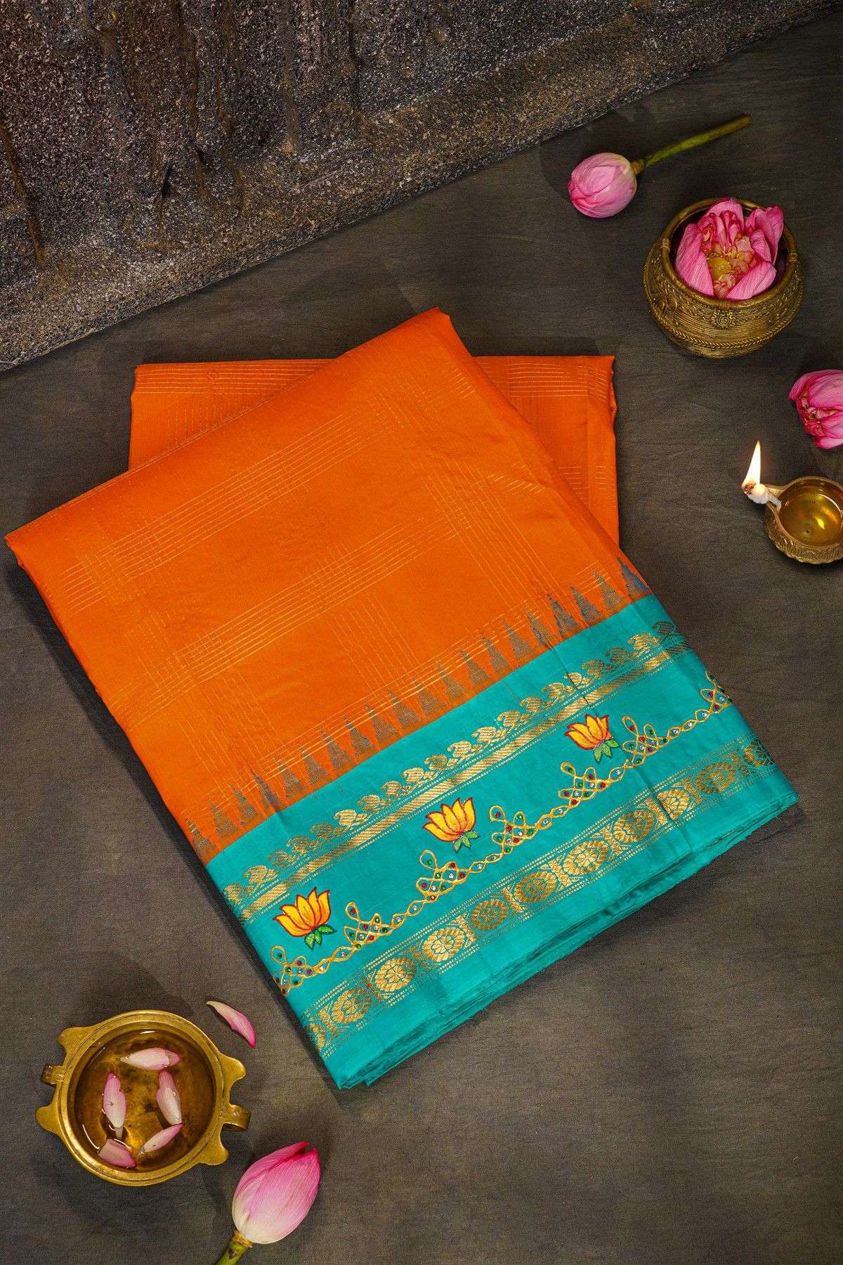 Gadwal Silk Orange Saree With Tanjore Hand Painted Border