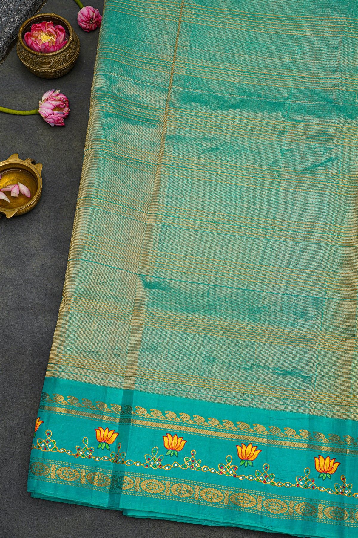 Gadwal Silk Orange Saree With Tanjore Hand Painted Border