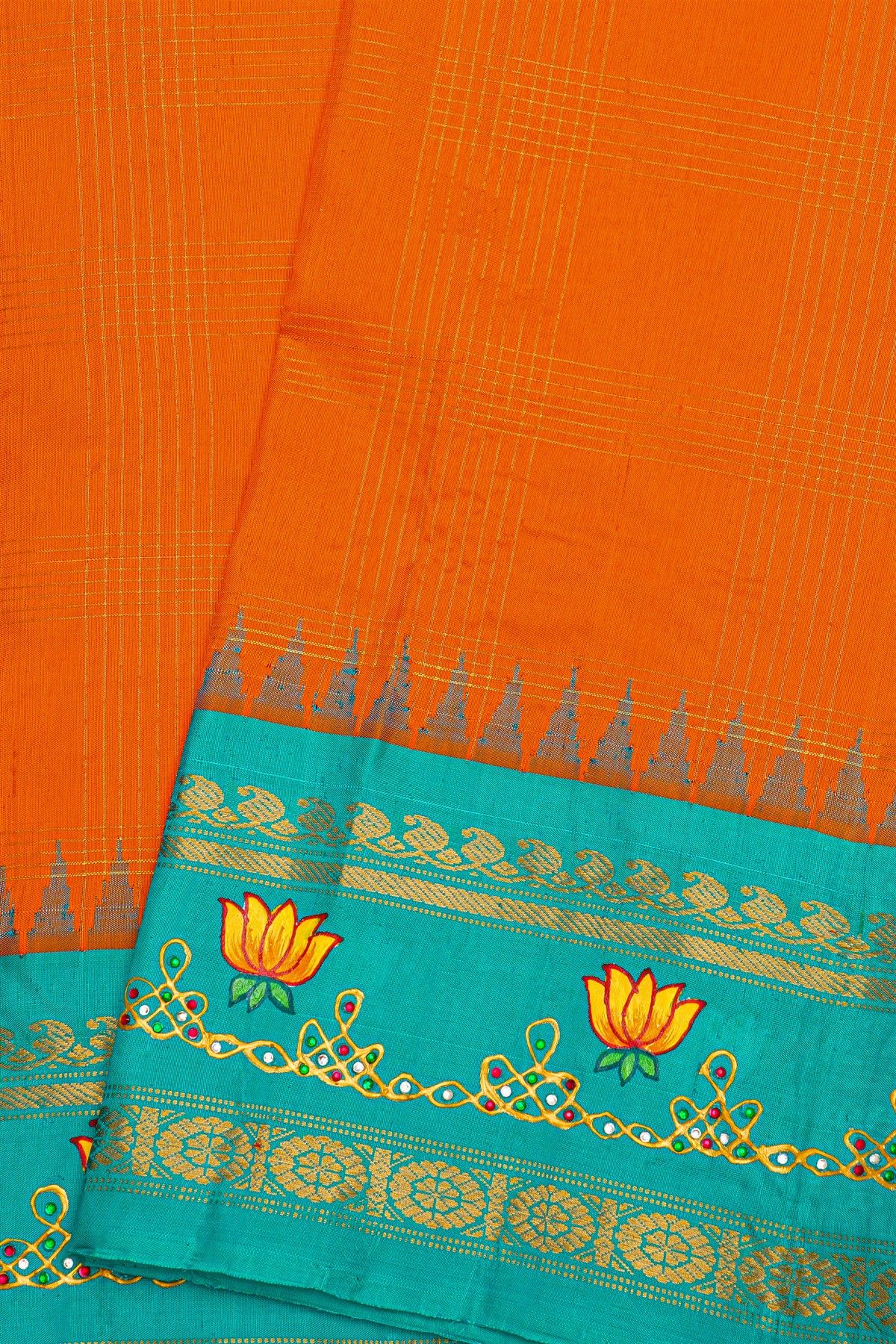 Gadwal Silk Orange Saree With Tanjore Hand Painted Border