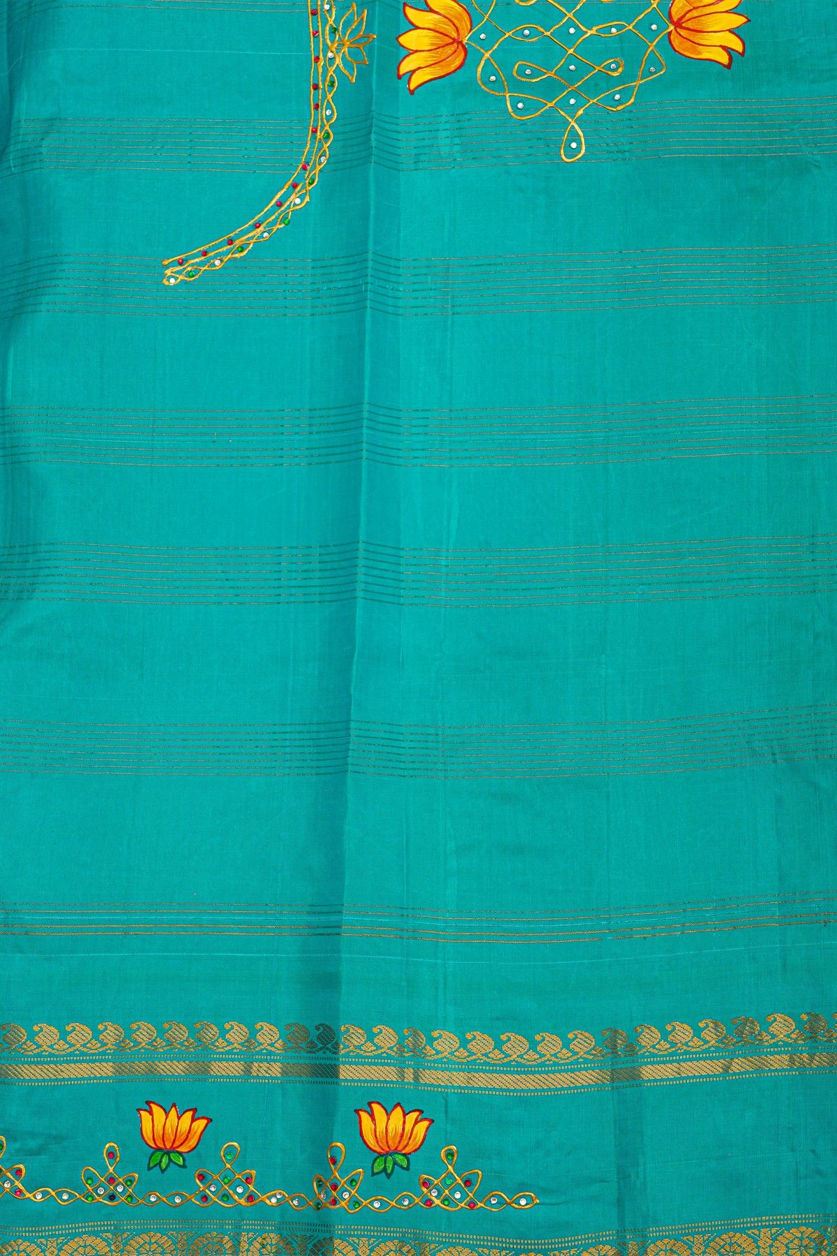 Gadwal Silk Orange Saree With Tanjore Hand Painted Border