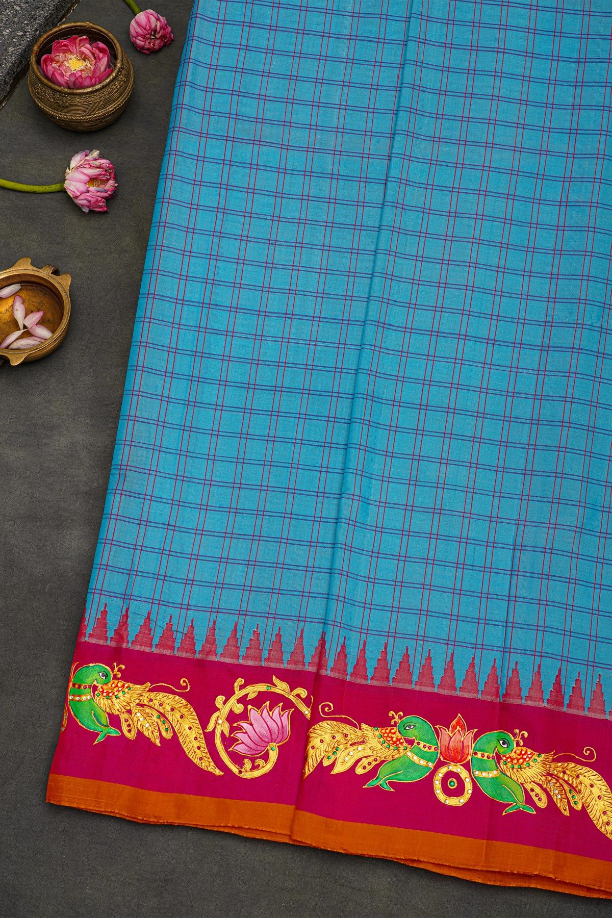 Gadwal Silk Blue Saree With Tanjore Hand Painted Border