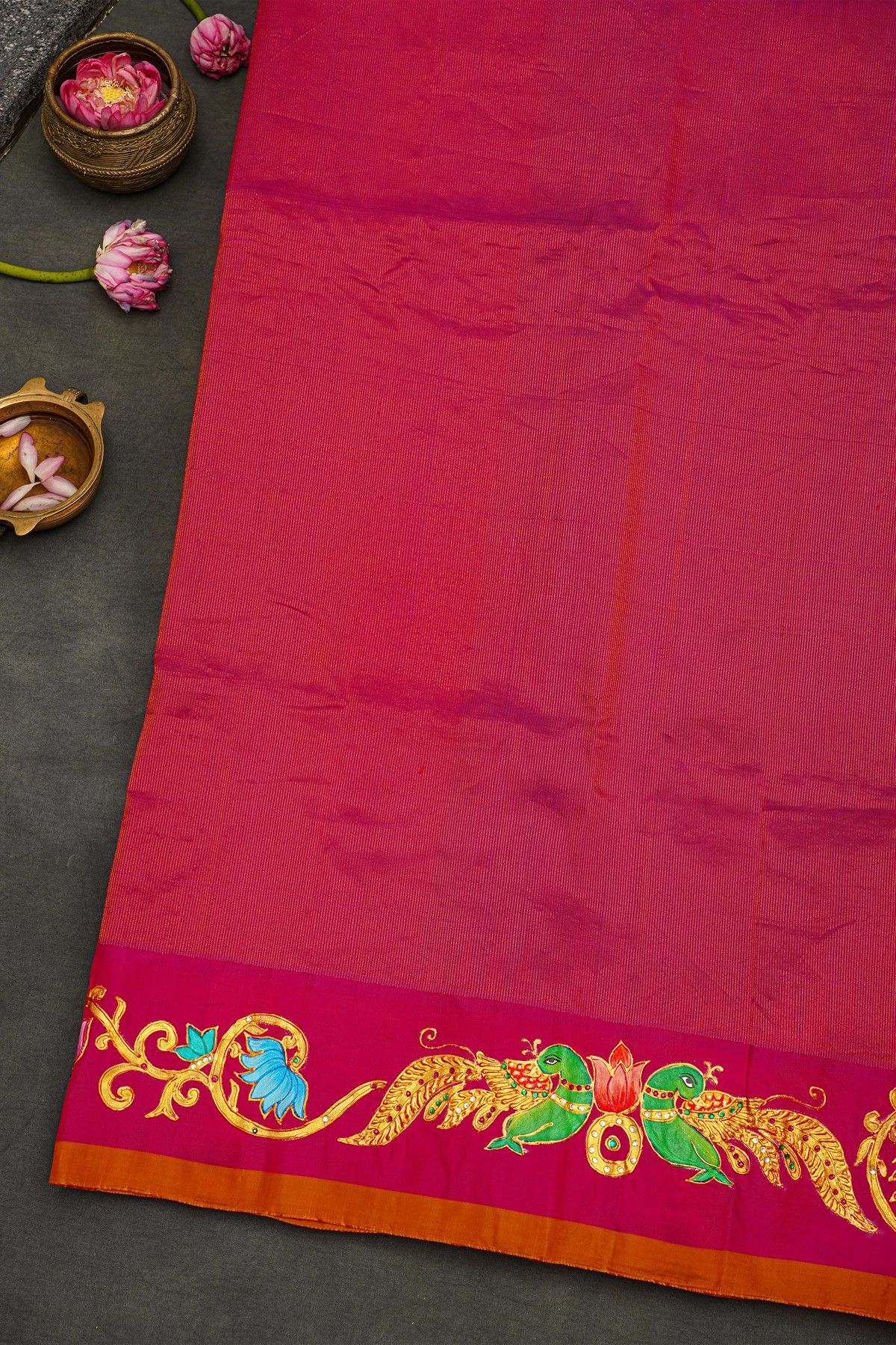 Gadwal Silk Blue Saree With Tanjore Hand Painted Border