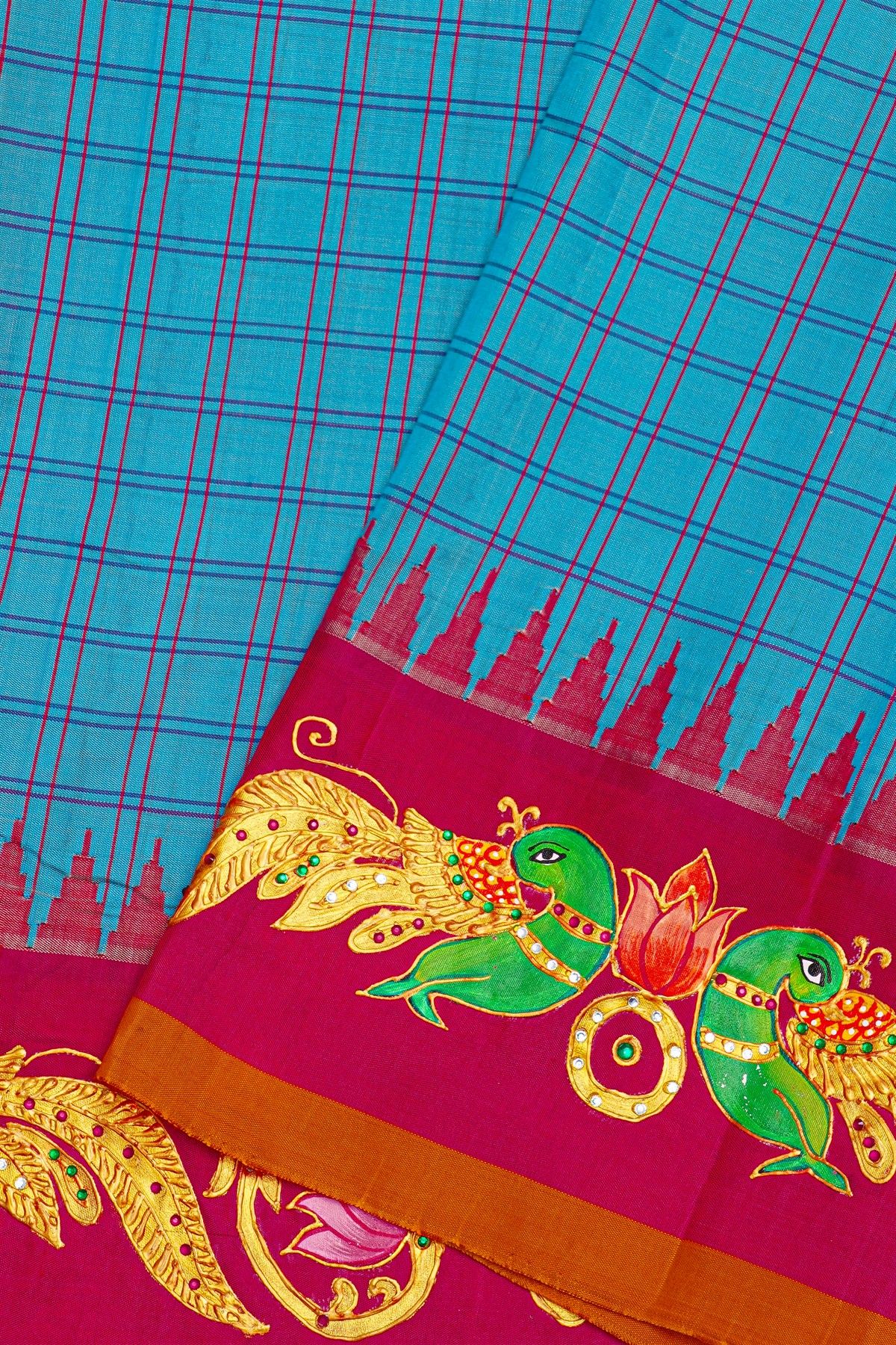 Gadwal Silk Blue Saree With Tanjore Hand Painted Border