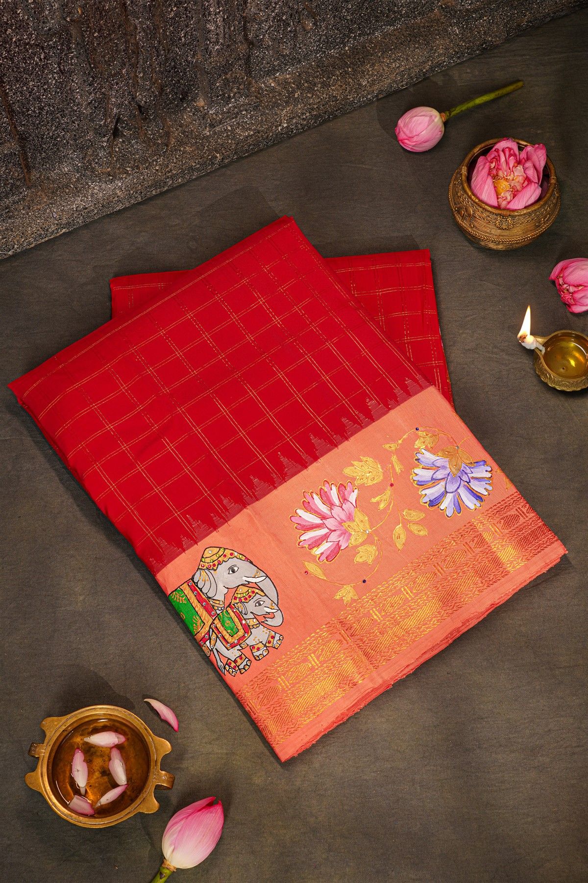 Gadwal Silk Red Saree With Tanjore Hand Painted Florals Border