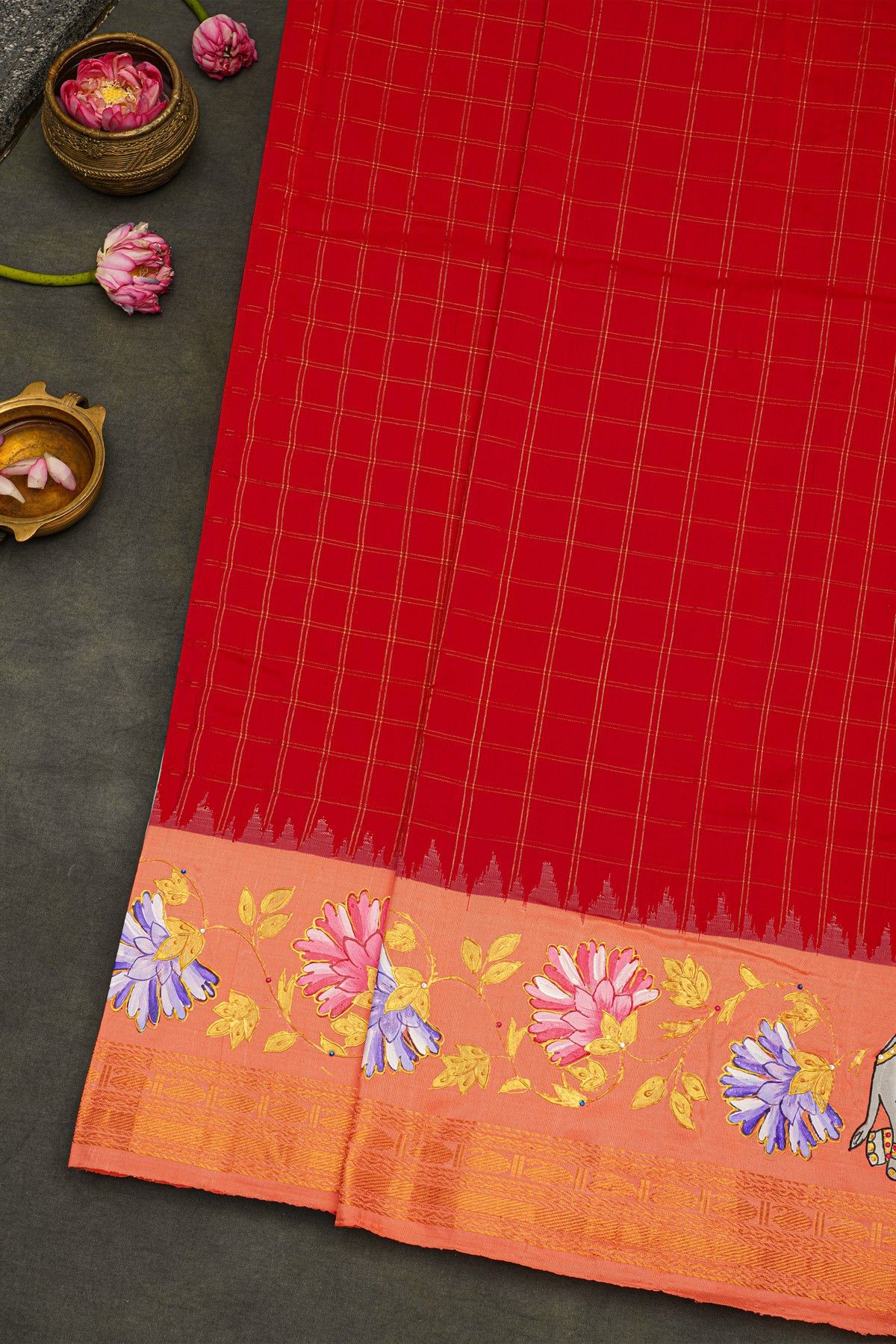 Gadwal Silk Red Saree With Tanjore Hand Painted Florals Border