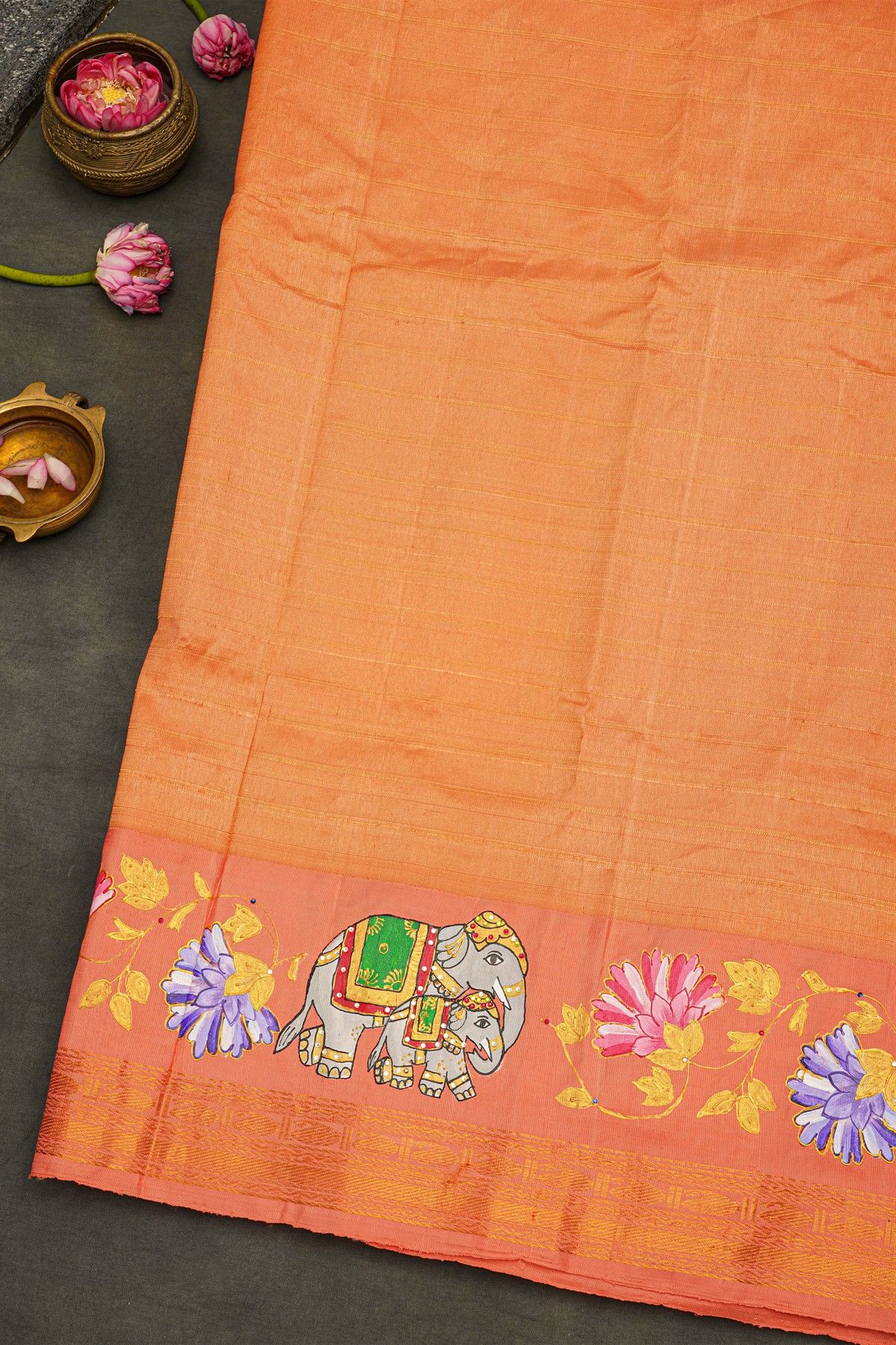 Gadwal Silk Red Saree With Tanjore Hand Painted Florals Border