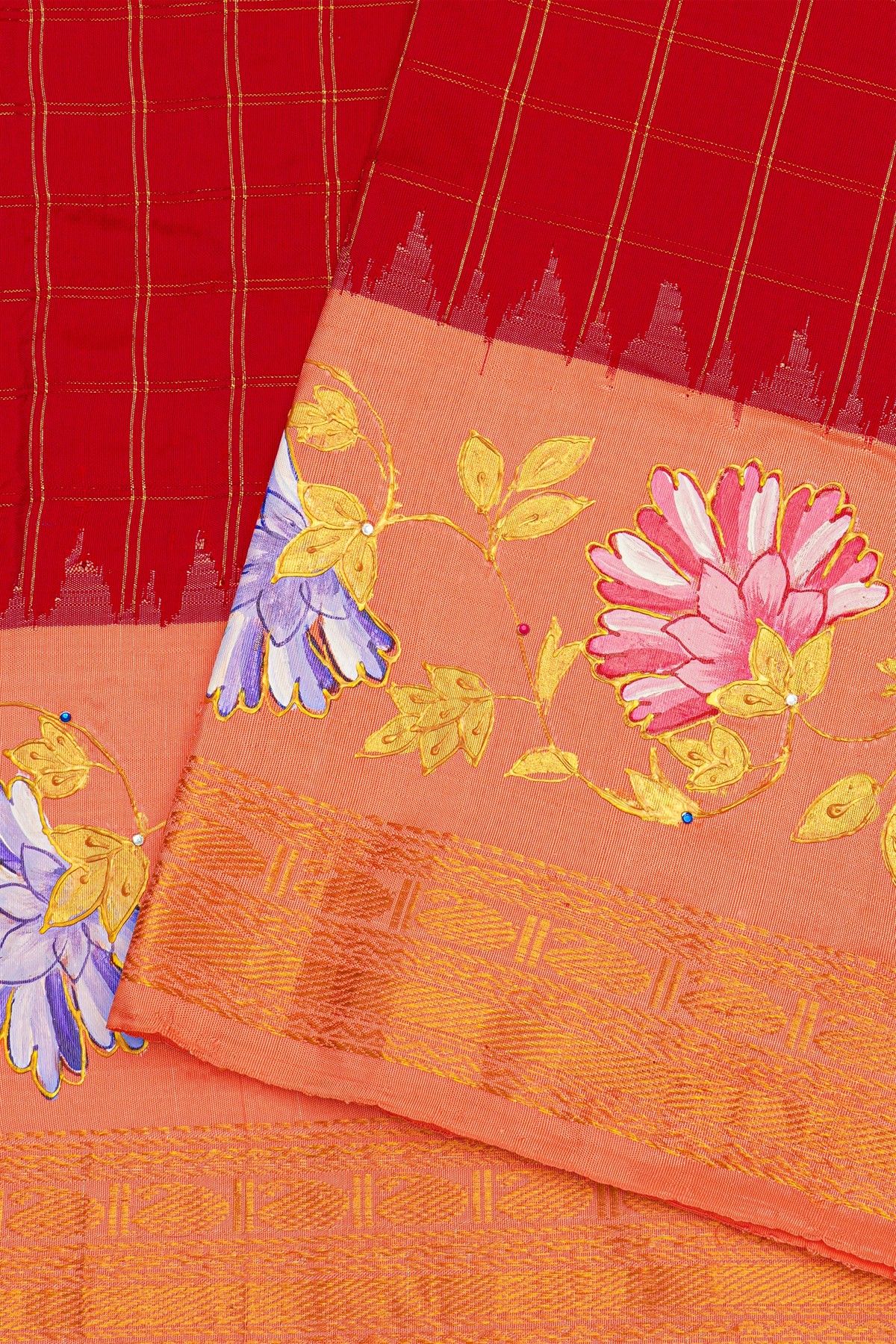Gadwal Silk Red Saree With Tanjore Hand Painted Florals Border