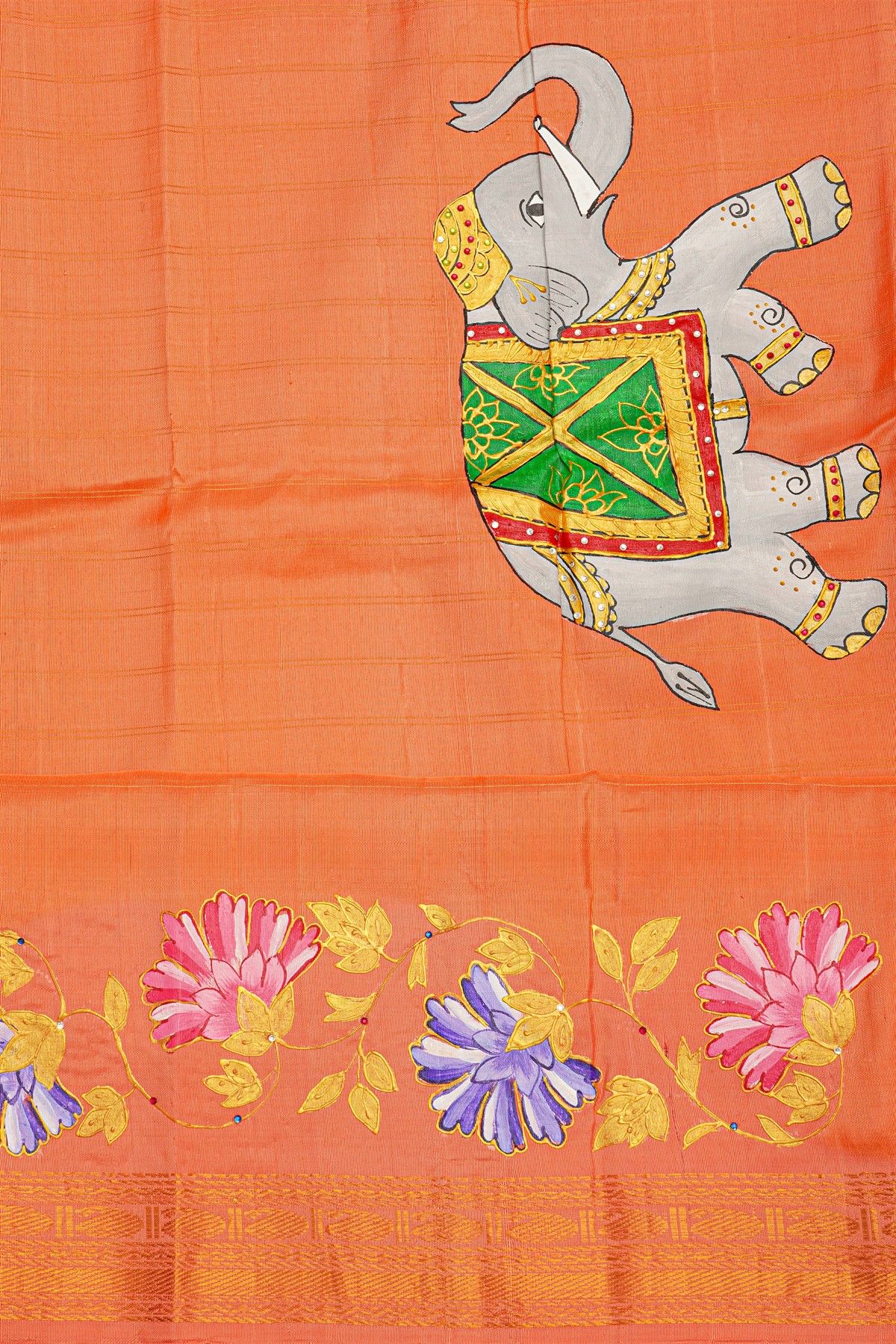 Gadwal Silk Red Saree With Tanjore Hand Painted Florals Border