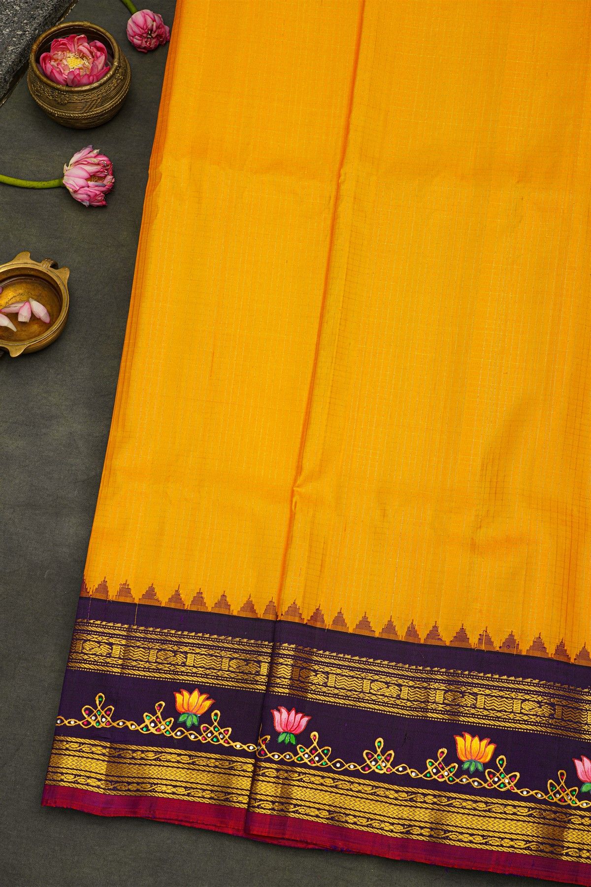 Gadwal Silk Yellow Saree With Tanjore Hand Painted Lotus Flowers Border