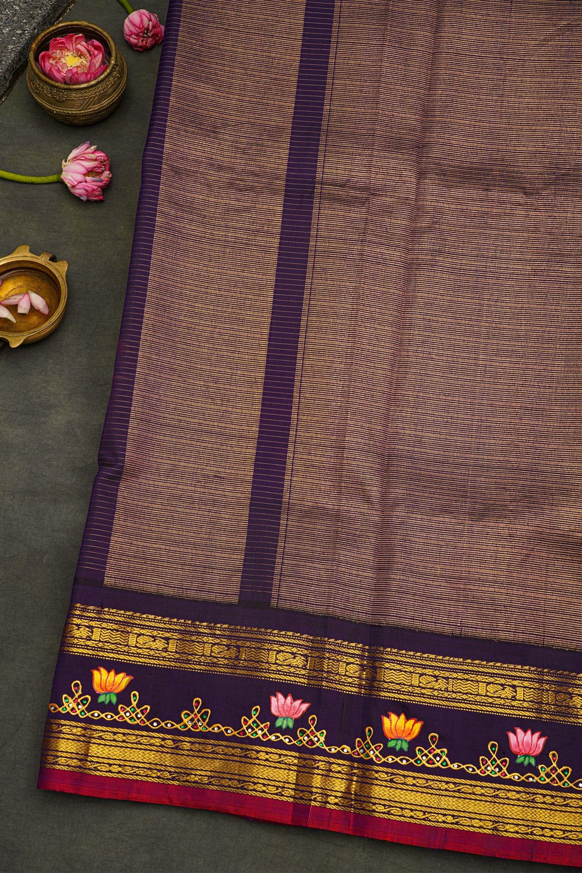 Gadwal Silk Yellow Saree With Tanjore Hand Painted Lotus Flowers Border