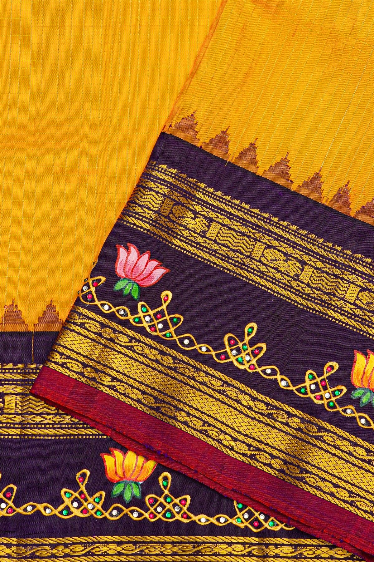 Gadwal Silk Yellow Saree With Tanjore Hand Painted Lotus Flowers Border