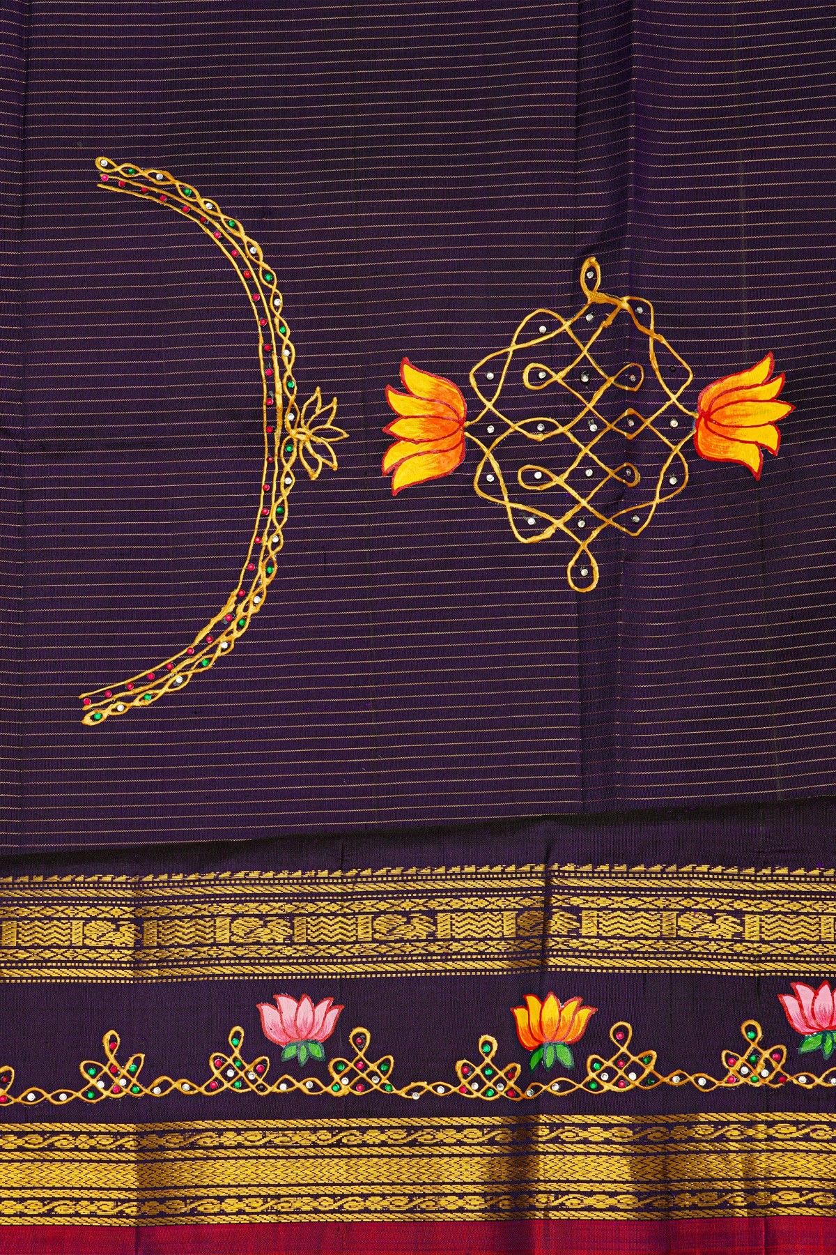 Gadwal Silk Yellow Saree With Tanjore Hand Painted Lotus Flowers Border