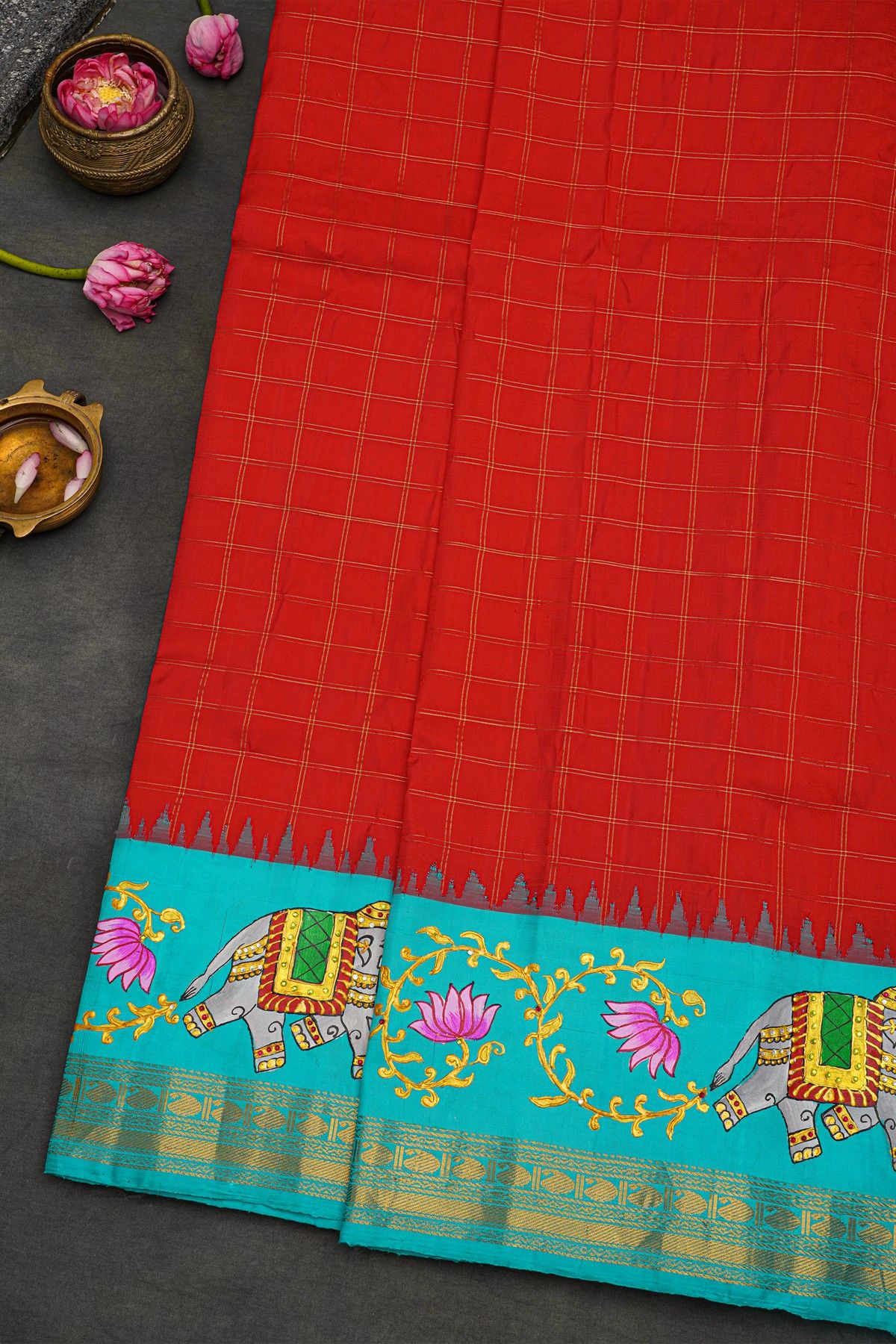 Gadwal Silk Red Saree With Tanjore Hand Painted Lotus Flowers Border