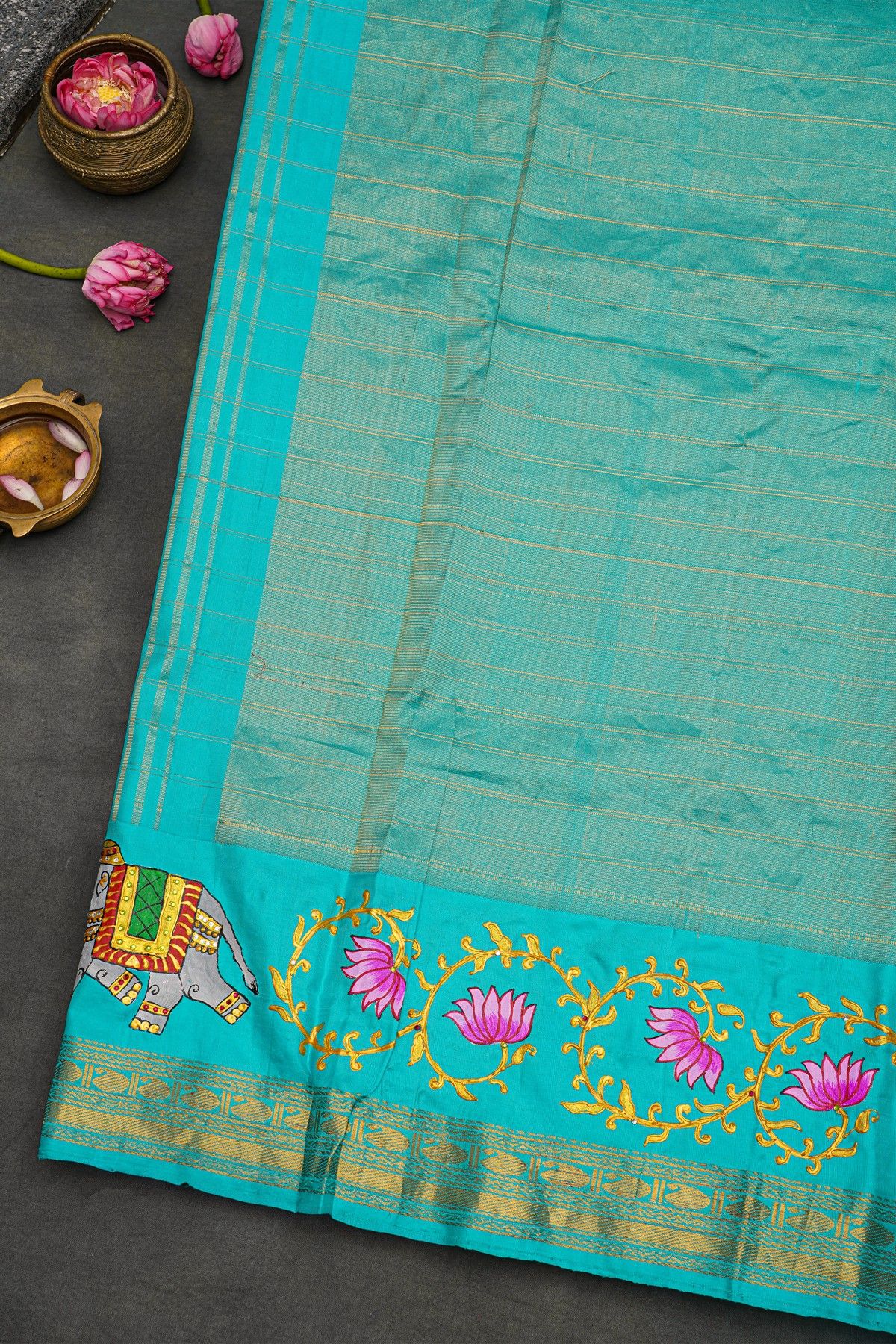 Gadwal Silk Red Saree With Tanjore Hand Painted Lotus Flowers Border