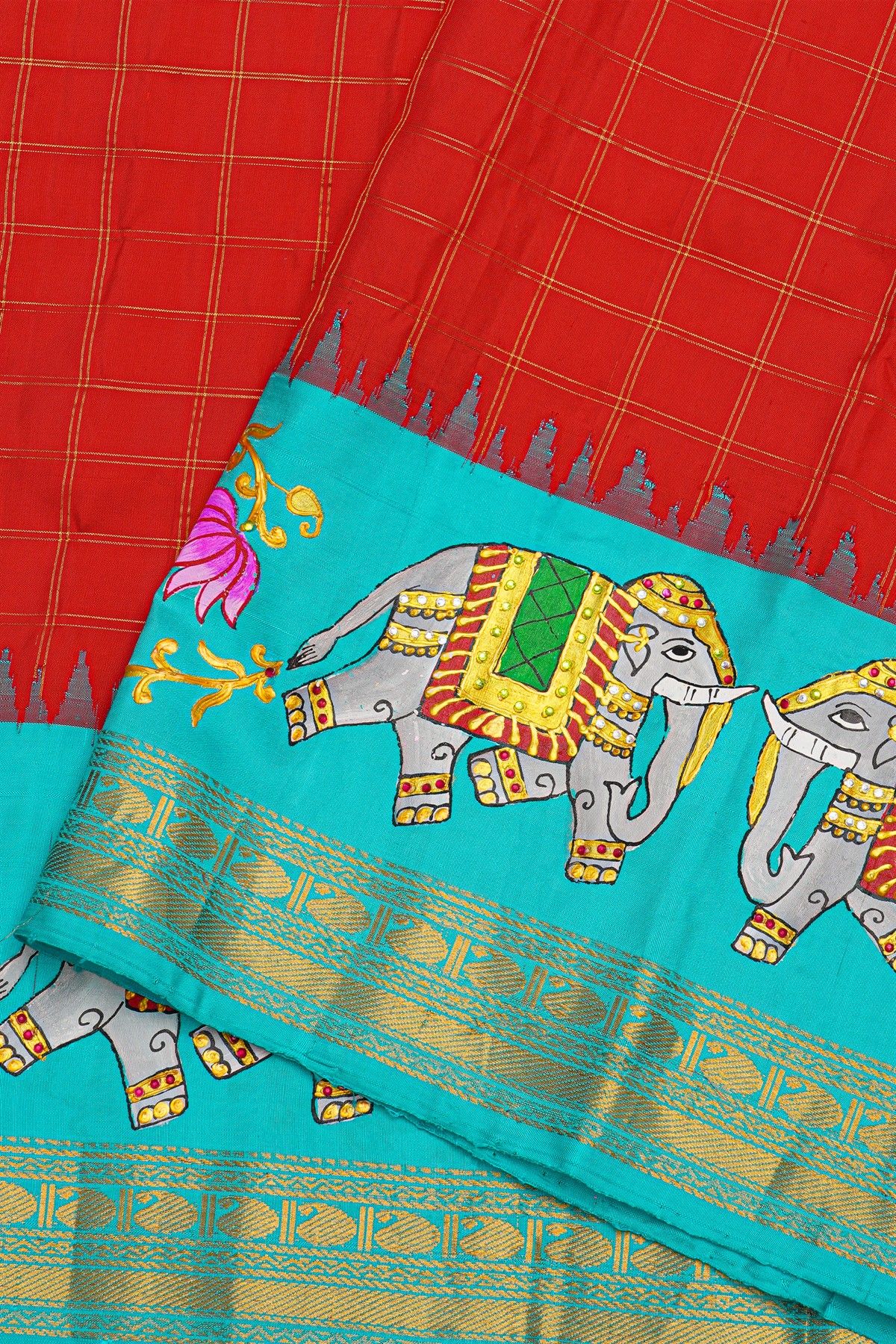 Gadwal Silk Red Saree With Tanjore Hand Painted Lotus Flowers Border