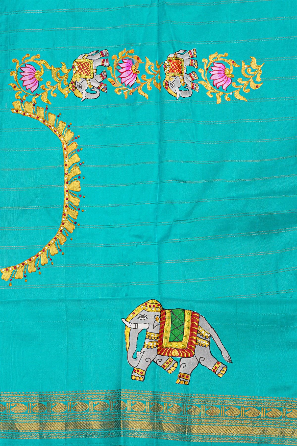 Gadwal Silk Red Saree With Tanjore Hand Painted Lotus Flowers Border