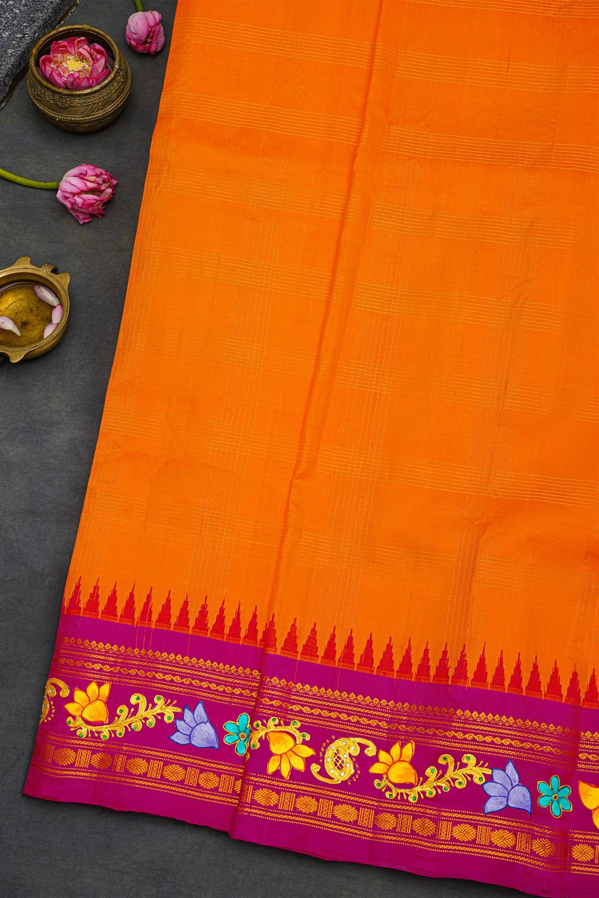Gadwal Silk Orange Saree With Tanjore Hand Painted Border