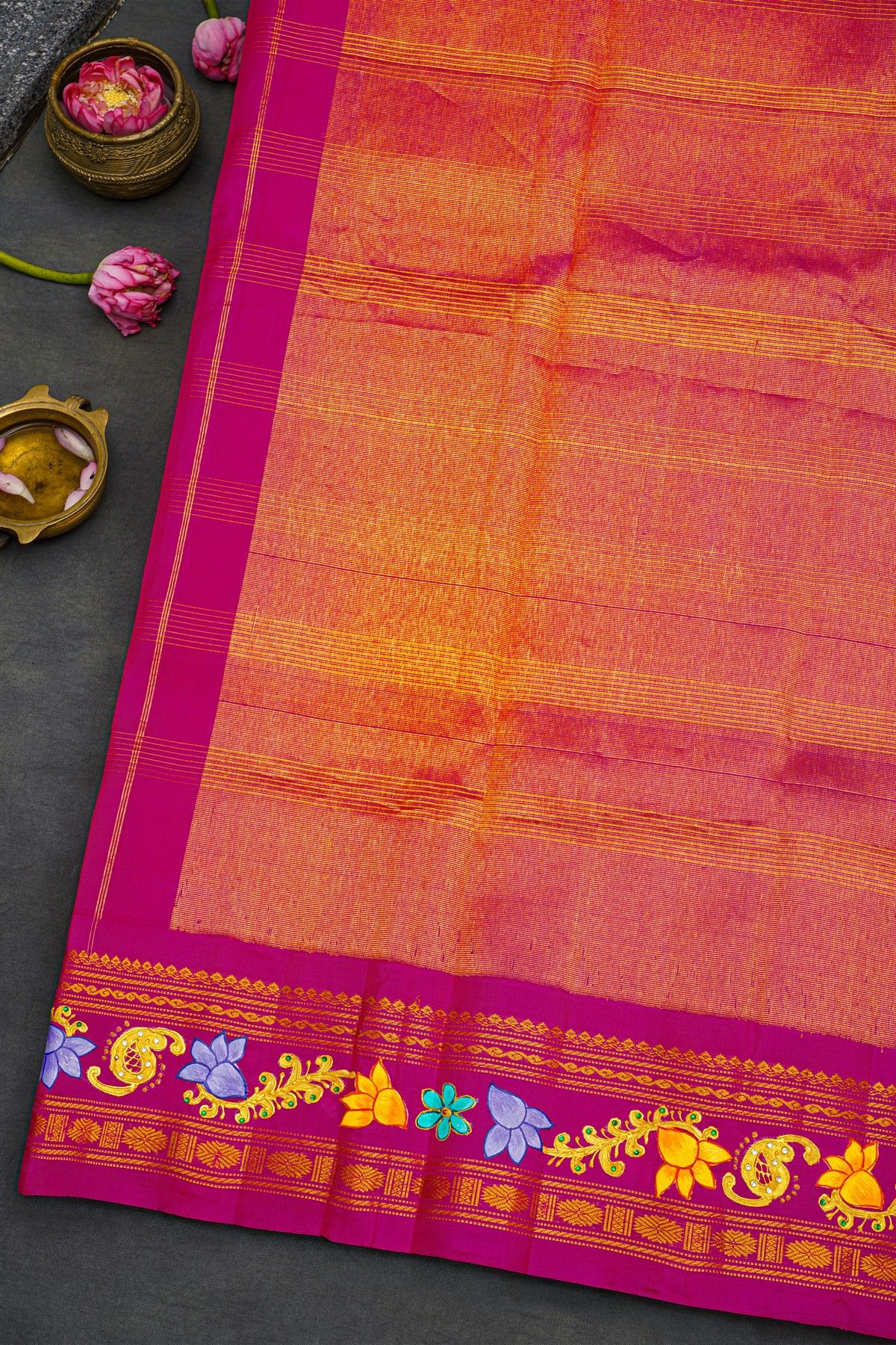 Gadwal Silk Orange Saree With Tanjore Hand Painted Border