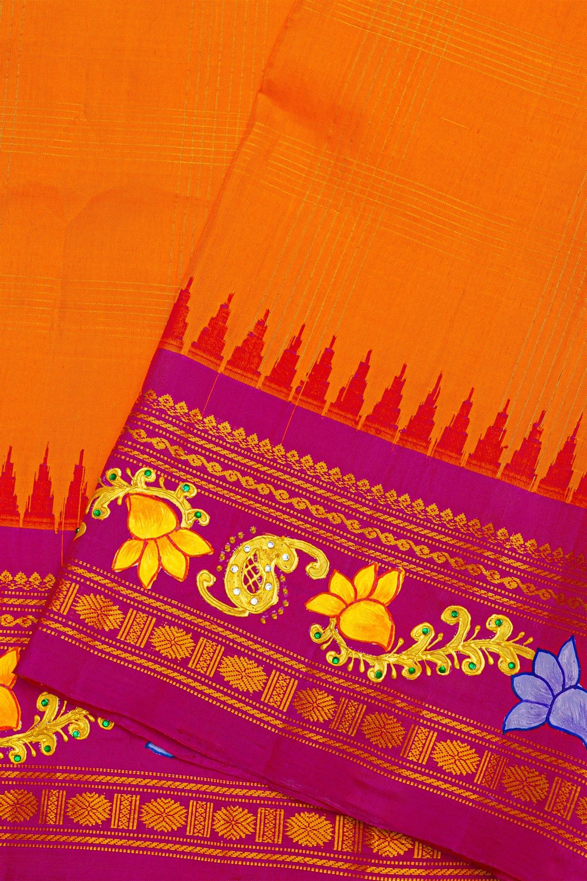 Gadwal Silk Orange Saree With Tanjore Hand Painted Border